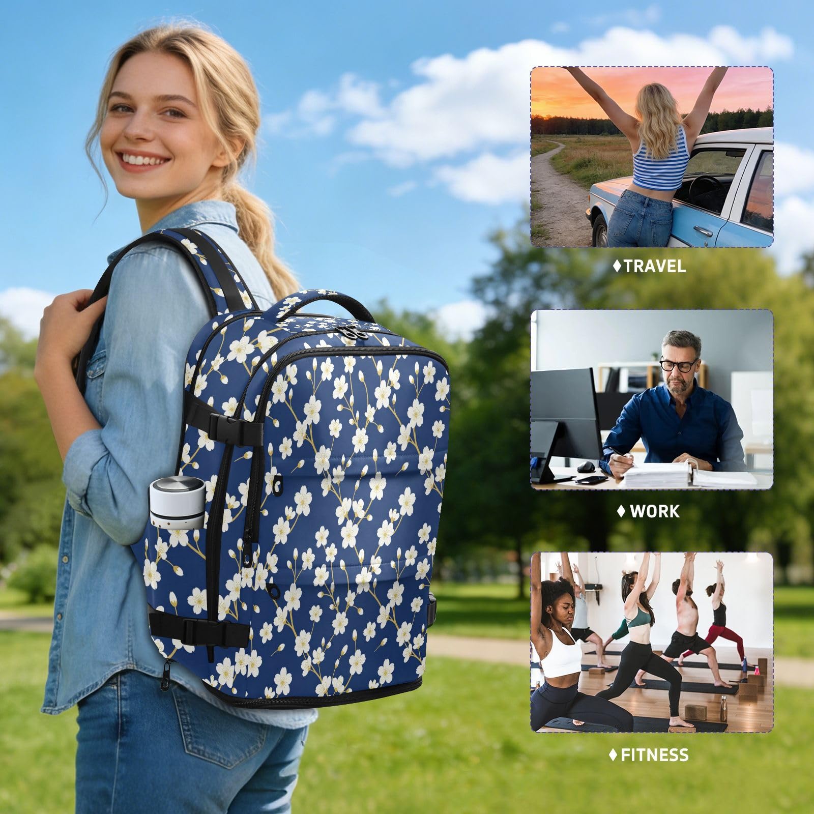 Plecak torba robocza przedmiot osobisty torba podróżna do szkoły 20 l | Stylowa torba podróżna mały biały kwiat granatowa torba na laptopa 16 cali do samolotów mochilas de viaje para hombres 20L