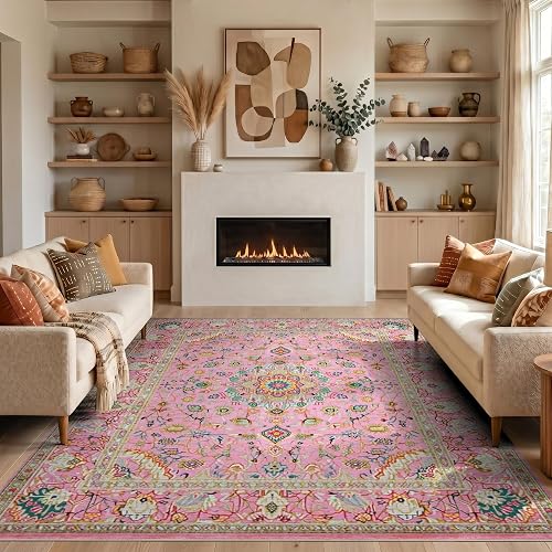 6'x9' Pink Multi Vintage Pastel Medallion Washable Area Rug | Boho Floral Scrollwork with Ornate Framing Non-Slip Chair-Friendly for Dining Room, Office