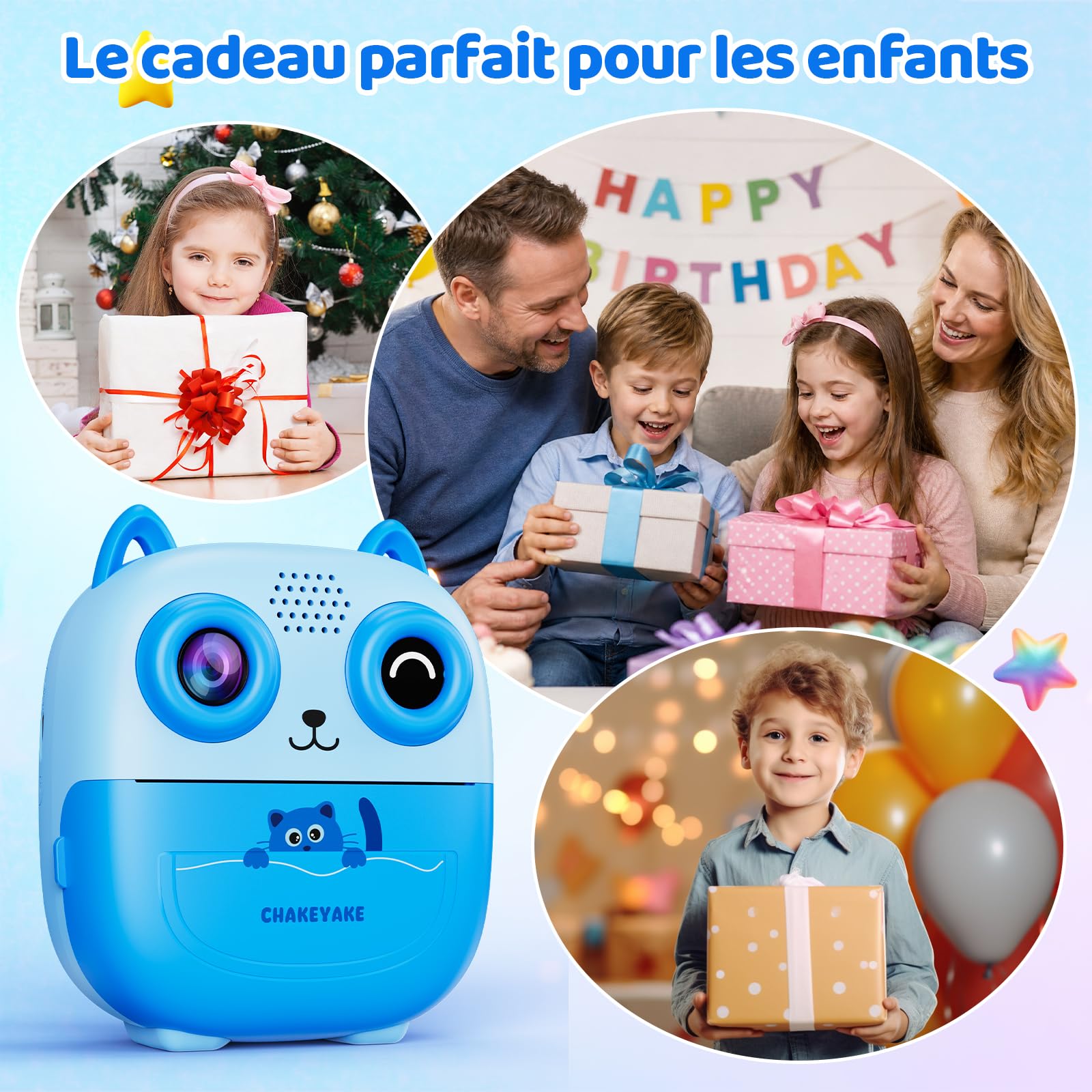 CHAKEYAKE Appareil Photo Instantané Enfants, Appareil Photo Numérique Écran de 2,4 Pouces avec Imprimante Vocale IA, Contrôle Vocal, Reconnaissance d' Objets et de Mots, Q&R, Créatifs & Filtres