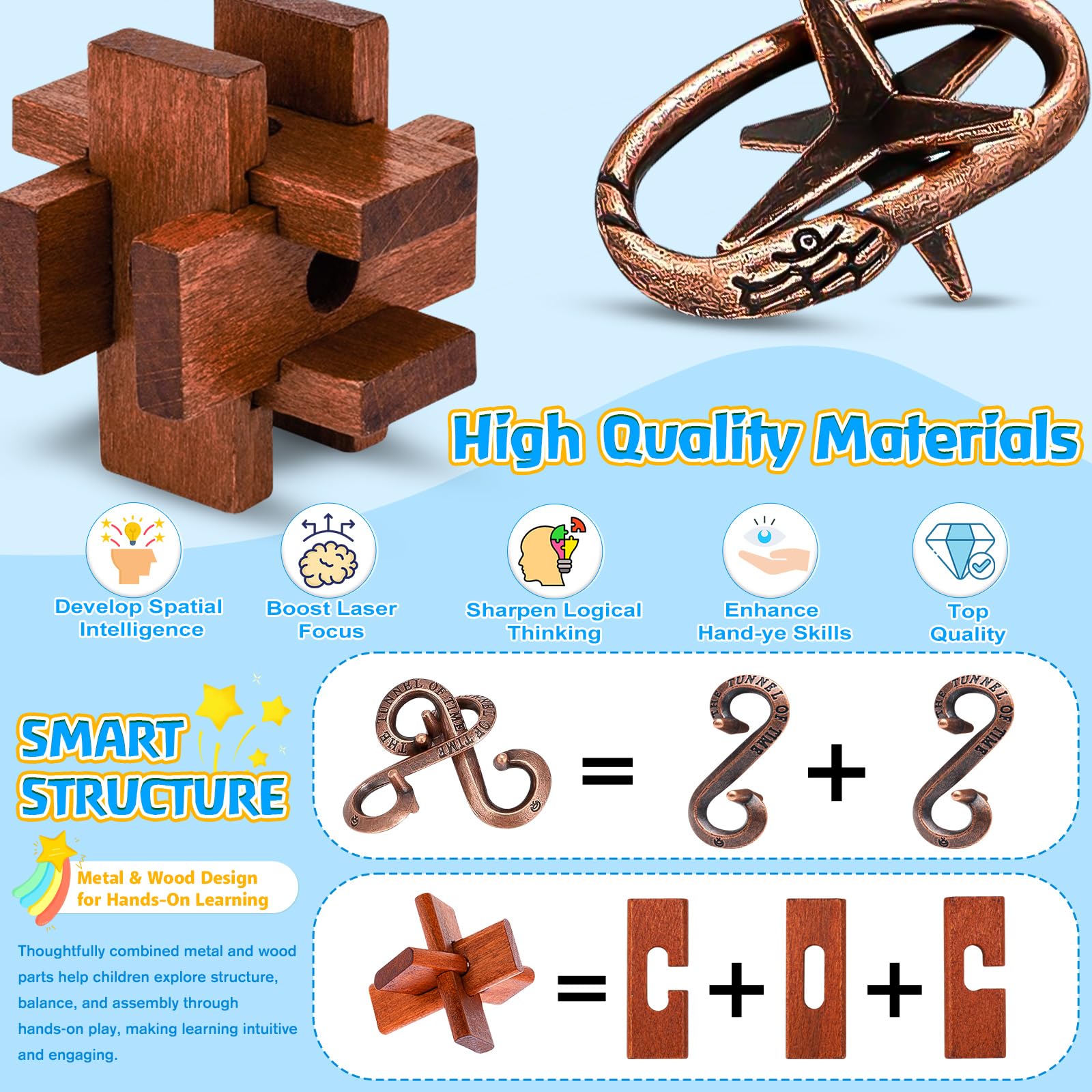 24 Stück 3D Puzzle Set aus Holz & Metall – Geduldspiele & Logikrätsel für Kinder, Jugendliche & Erwachsene – Intelligente IQ Spiele als Geburtstagsgeschenk, Mitgebsel & Gastgeschenk