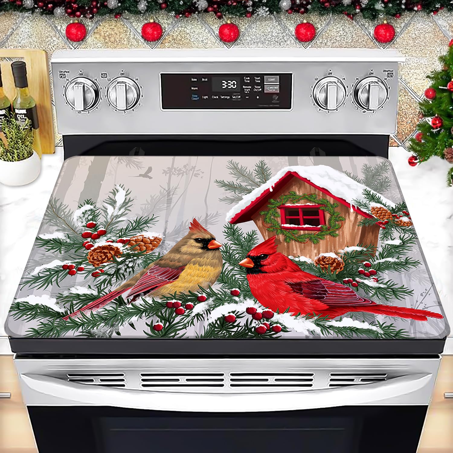 Christmas Stove Top Cover for Electric Stove 28 "x 20 ", Xmas Cardinal Bird Heat Resistant Glass Top Stove Cover Protector, Glass Cooktop Covers, Kitchen Flat Electric Stove Top Covers