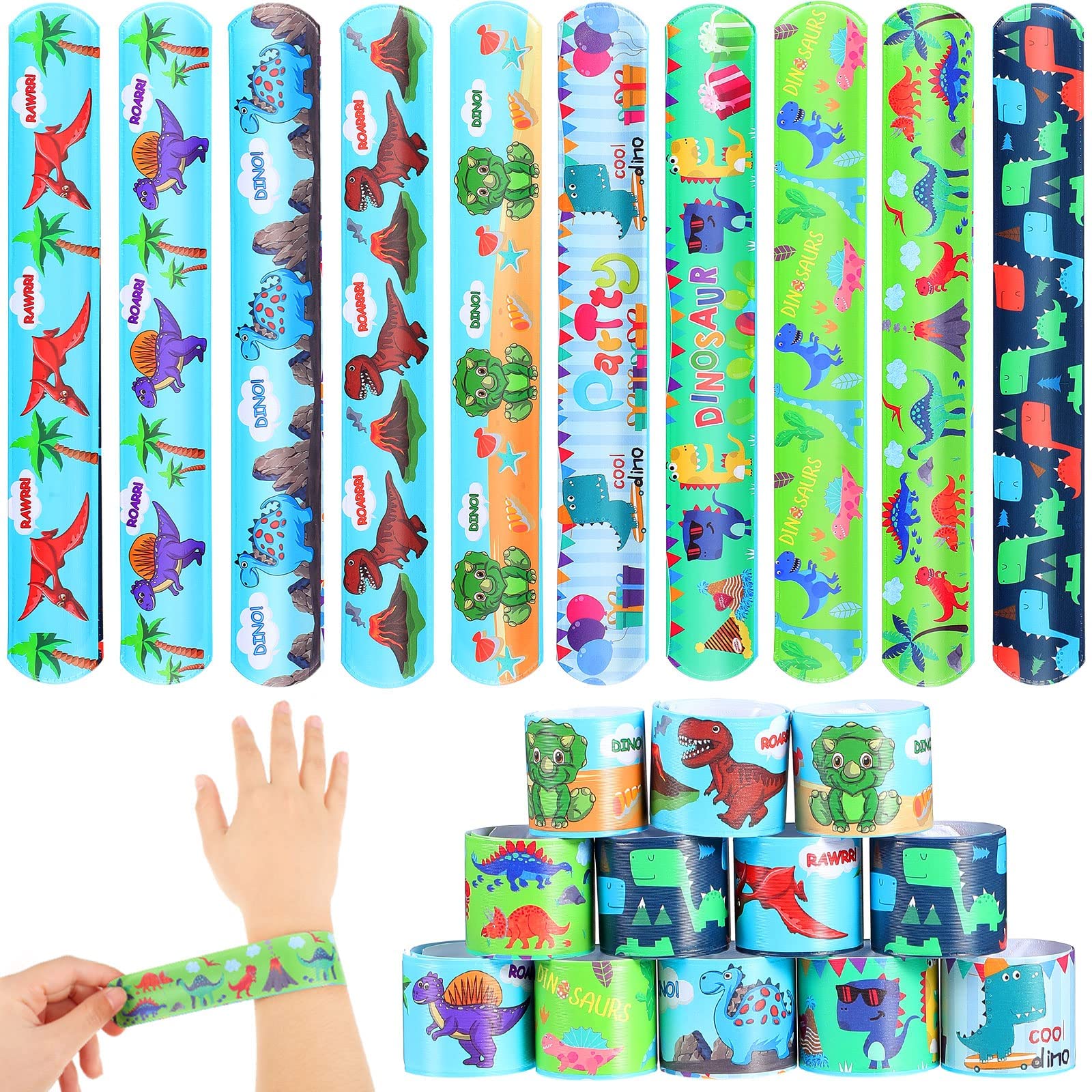 KASTWAVE Dinosaur Slap Bracelets, 10 Pieces Kids Animal Bracelet Dinosaur Print Design, Jurassic Forest World Toys Birthday Party Dinosaur Party Decorations for Teens Kids