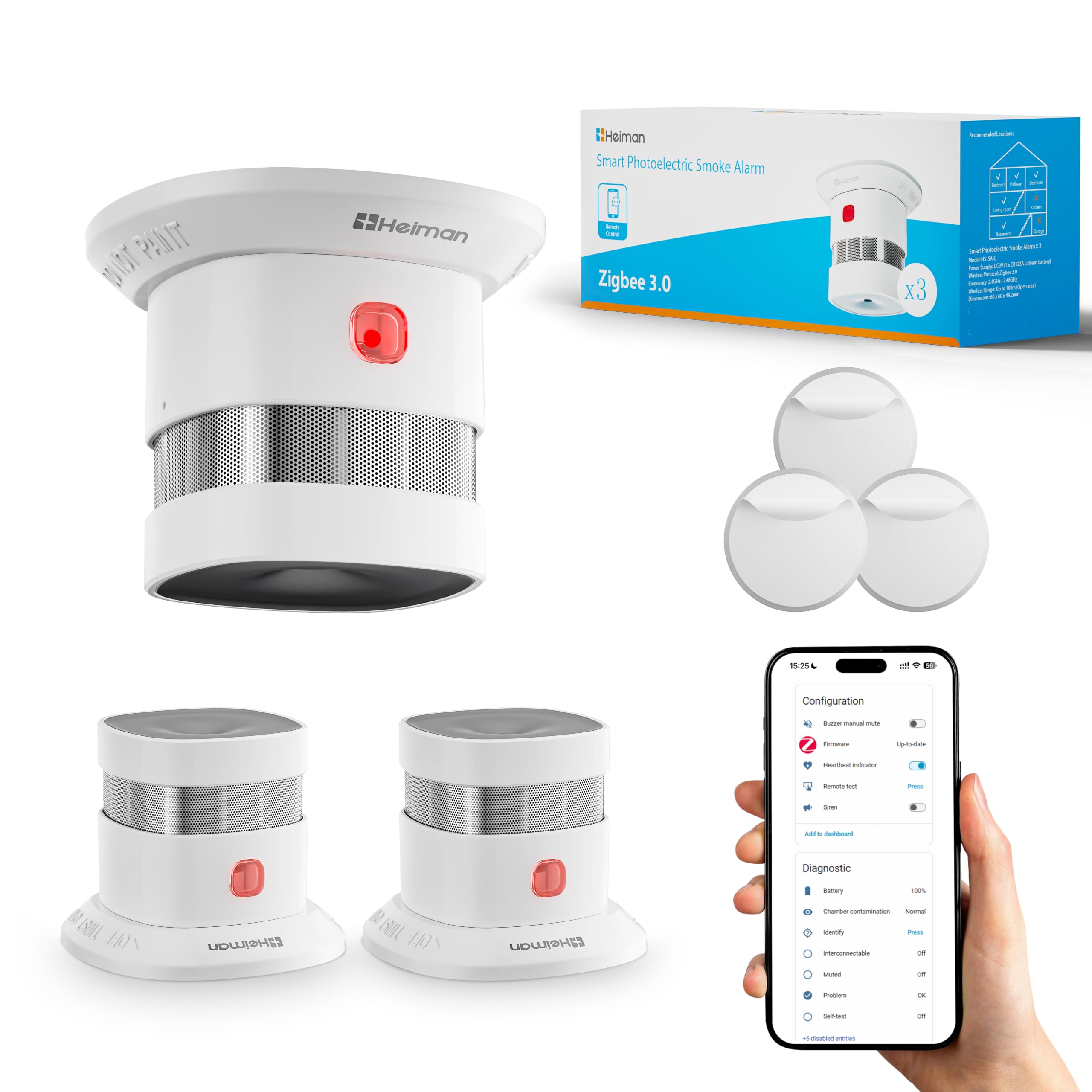 HEIMAN - Detector de humo (Hub Zigbee 3.0 requerido), alarma de incendio para Home Assistant ZHA & Z2M, batería reemplazable de 5 años, certificado DBI y EN14604, soporte magnético incluido, HS1SA-E