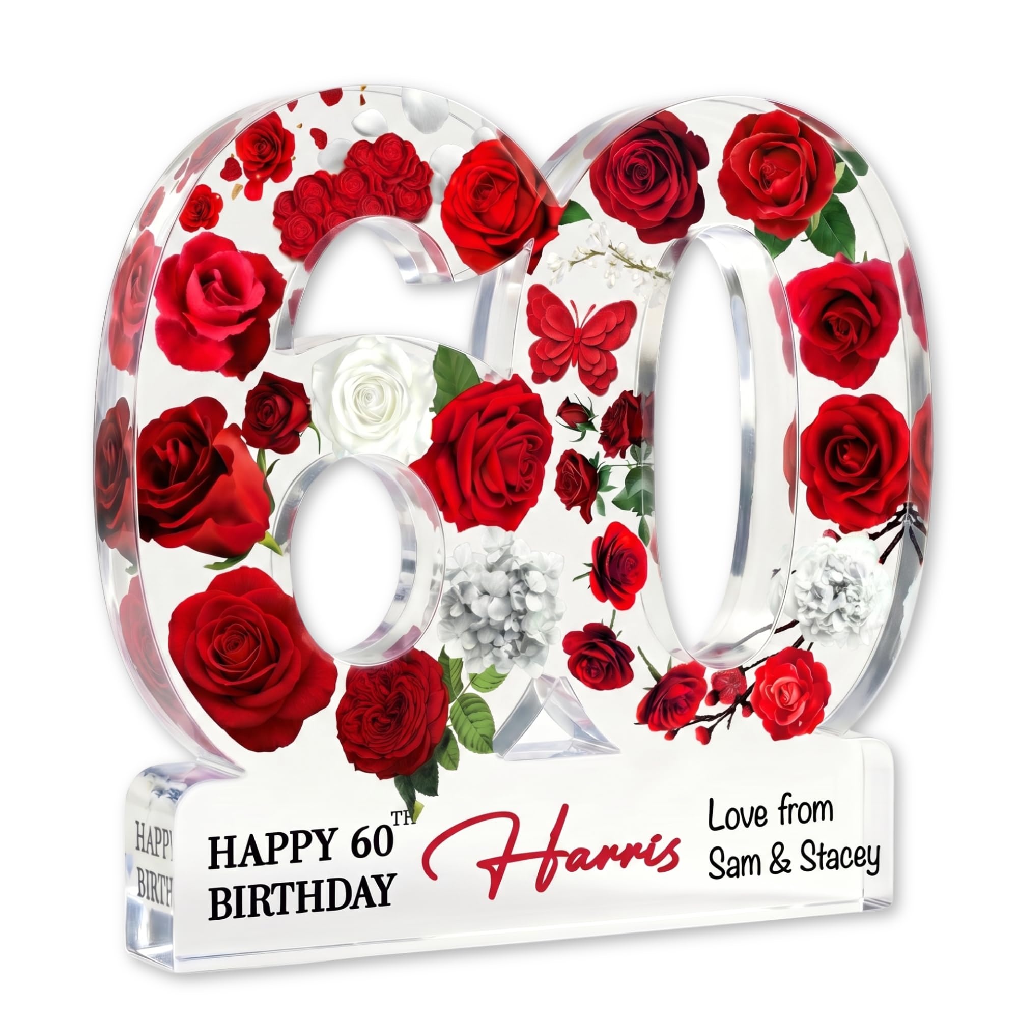 MyKeepsy Personalised 60th Birthday Plaque – Custom Name & Message Acrylic Keepsake, Floral 60 Decoration Gift for Women & Men, Available in 6 Colours (Red Floral)
