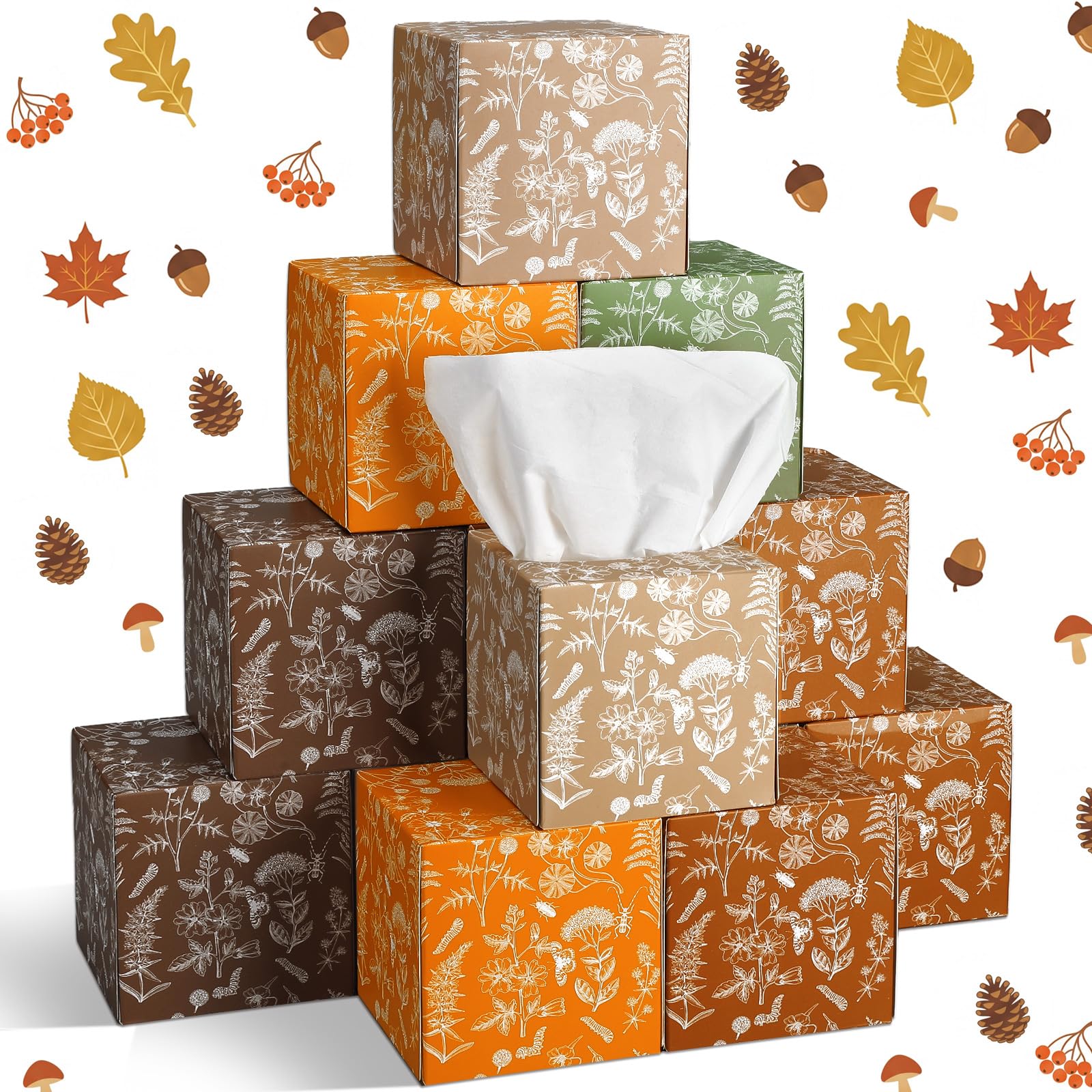 Fourluoo 12 Pack Thanksgiving Fall Floral Line Art Facial Tissues, 600 Print Sheets 3-ply Autumn Botanical Cube Boxes, Small Square Tissues Bulk for Thanksgiving, Car, Bedroom &amp; Party Supplies