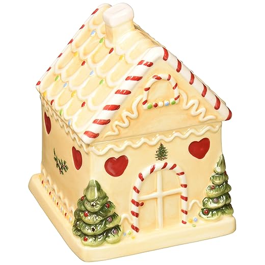 Spode Christmas Tree Gingerbread House Candy Jar - 7-Inch Christmas Cookie Jar in Fine Earthenware - Decorative Candy Storage Jar with Lid for Holiday Kitchen Counter, Cookies, and Treats