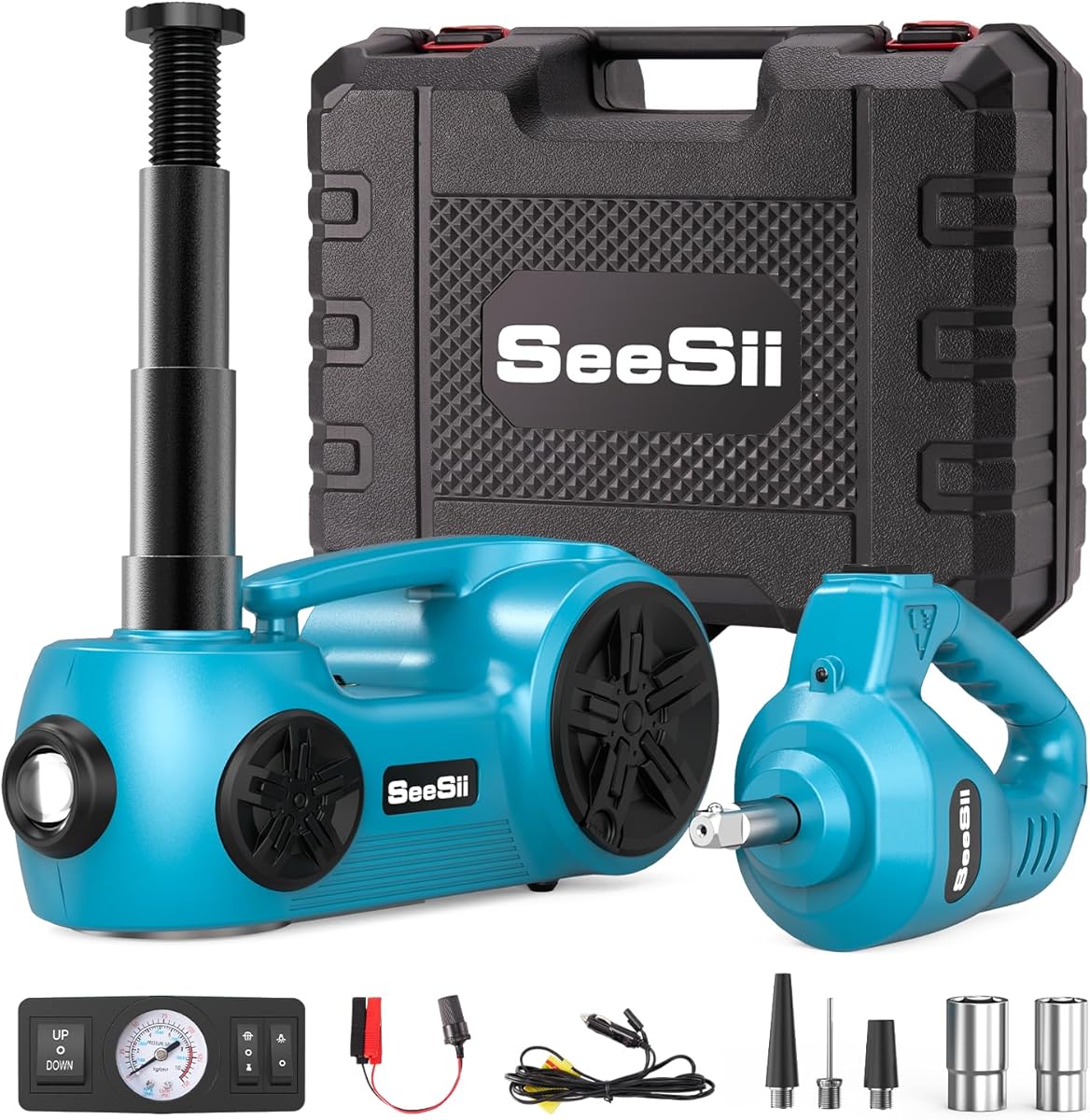 SEESII Electric Car Jack Kit: 5 Ton 12V Hydraulic Jack with Electric Impact Wrench and Tire Inflator Pump, 6.1-17.7 Inch Lift Range for SUV/Truck/Sedan Emergency Roadside Tire Change & Garage Repair