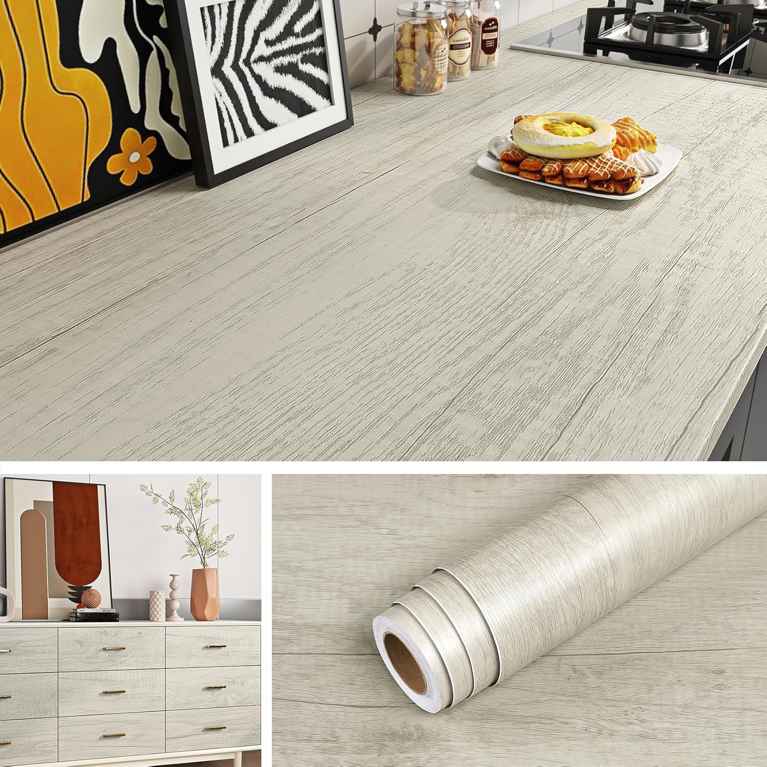 Livelynine 15.8x394 Wood Countertop Contact Paper Waterproof Beige Wood Contact Paper for Countertops Kitchen Vinyl Wrap for Countertop Self Adhesive Wallpaper for Cabinets Cabinet Desk Table Covers 15.8x394 Inch Light Wood