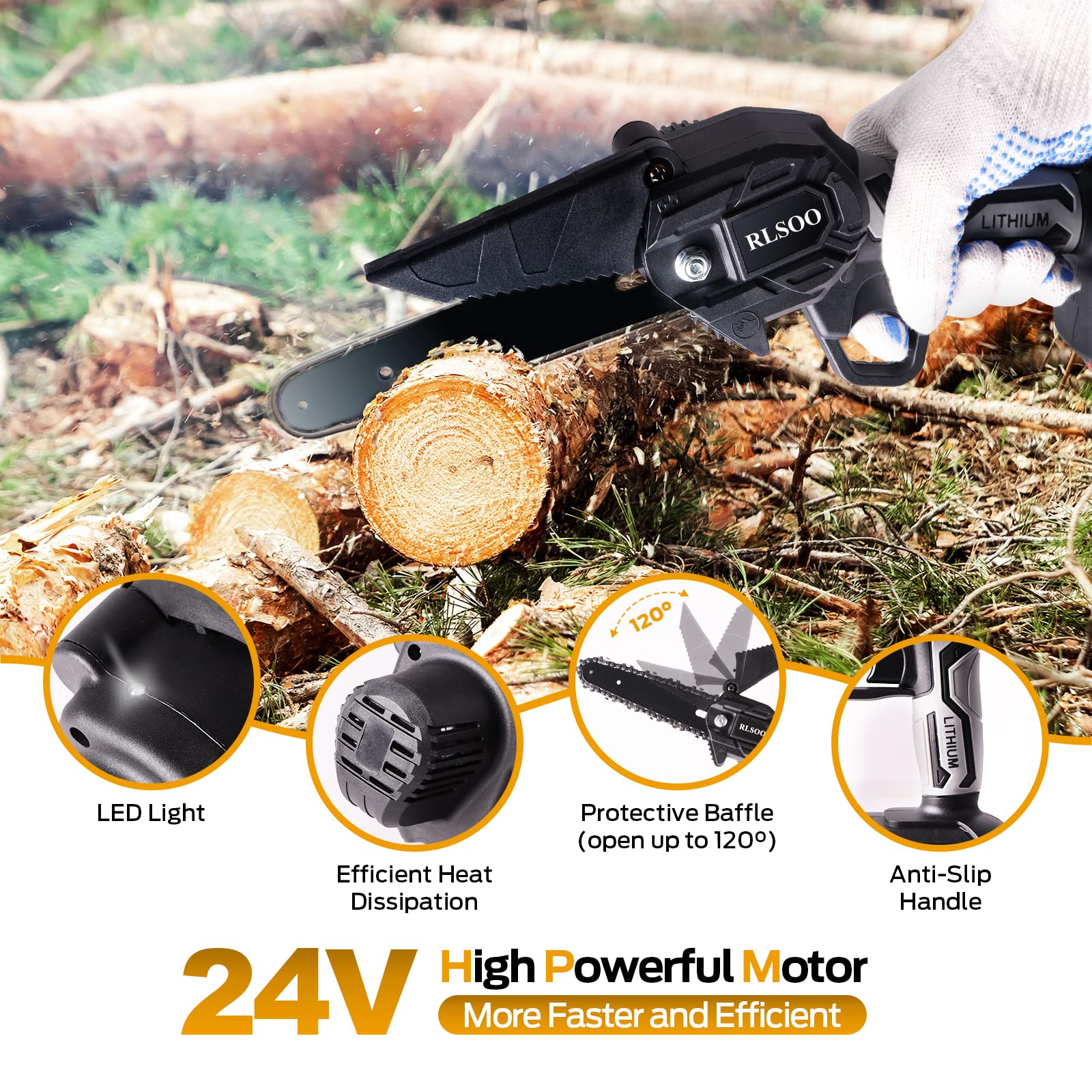 Mini Chainsaw, RLSOO Upgraded 6 Inch 24V Battery Powered Mini Chainsaw