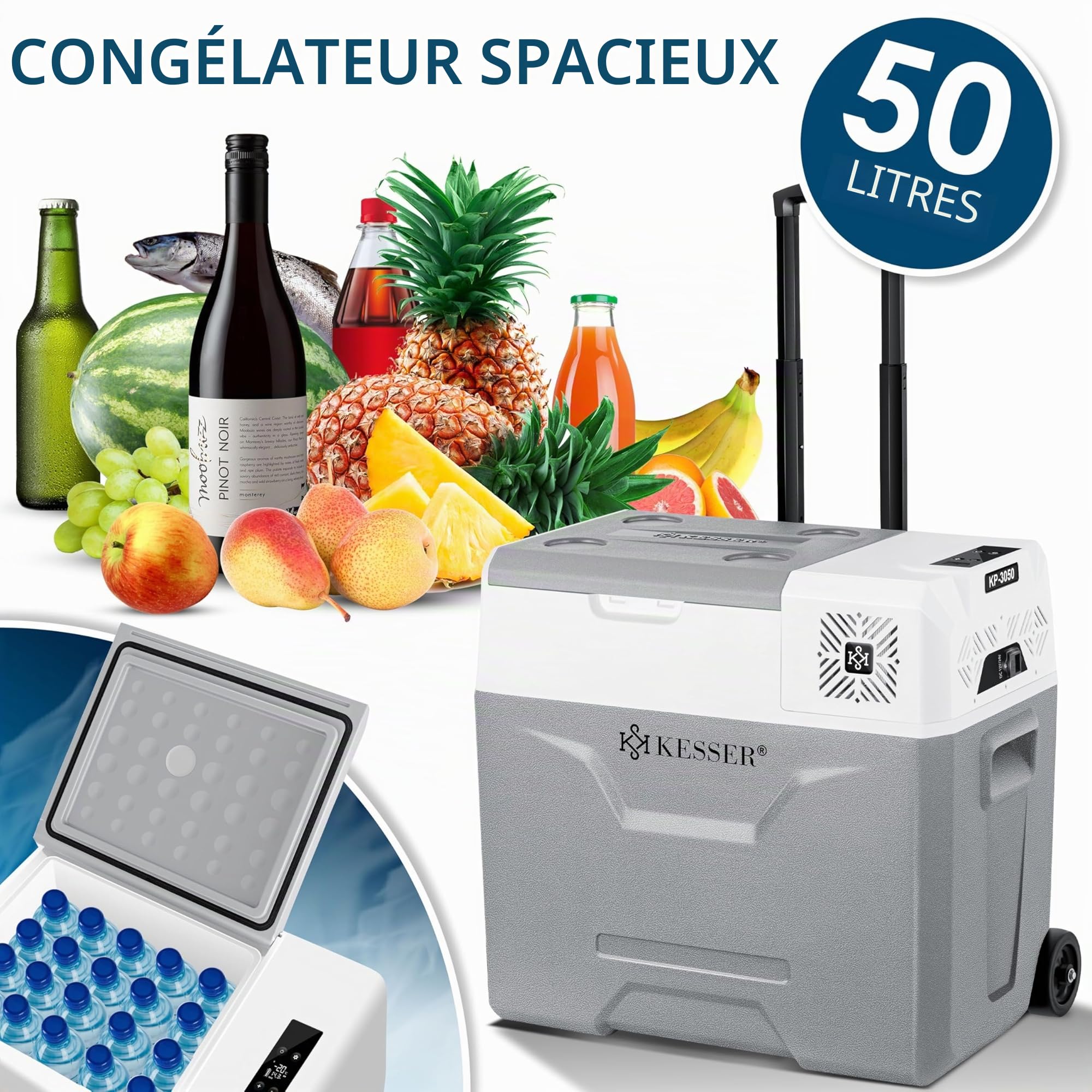 KESSER® 50 litres Glacière à compresseur électrique Glacière de congélation, avec Commande APP Raccordement USB, Réfrigérateur jusqu'à -20° pour Voiture, Camion, Bateau, Camping-Car