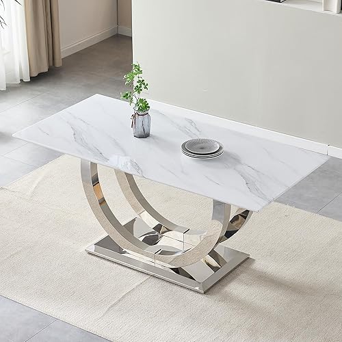 Miniatura 4 de Mesa de comedor de lujo de 69.3 pulgadas para 4 y 6, mesas de comedor de cocina de mármol blanco con parte superior de mármol sintético de 0.98