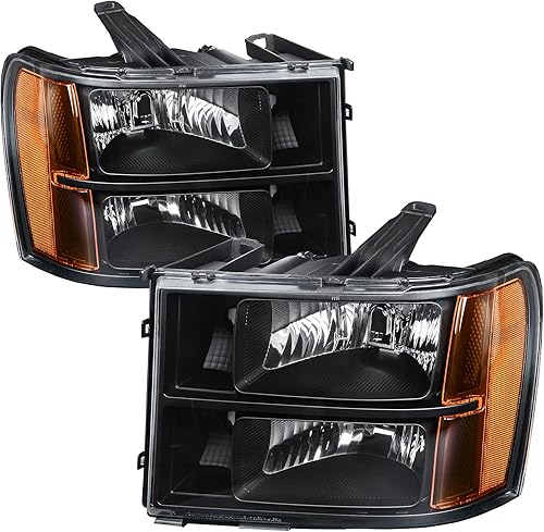 AUTOSAVER88 Conjunto de faros compatible con GMC Sierra 1500 2007-2013/Sierra 2500HD 3500HD 2007-2014 Carcasa negra con reflector ámbar y lente