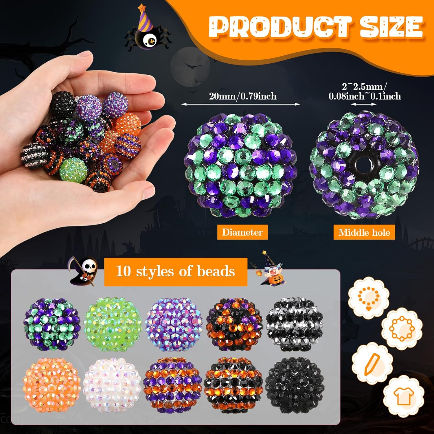 40 Pcs 20 mm Rhinestone Beads Bulk Crystal Round Disco Ball Chunky Bubblegum Beads for Pens Bracelets Charms Craft European Style Jewelry Making Supplies Christmas(Halloween Color) - Image 2