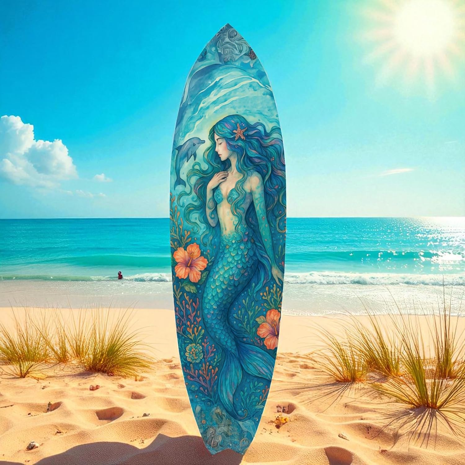 JennyGems Mermaid Surfboard Wall Art | Weatherproof PVC Coastal Decor | Indoor/Outdoor Watercolor Mermaid with Dolphin | Hook Installed | Made in USA | Porch Pool Patio Wall Decoration | 3 Foot