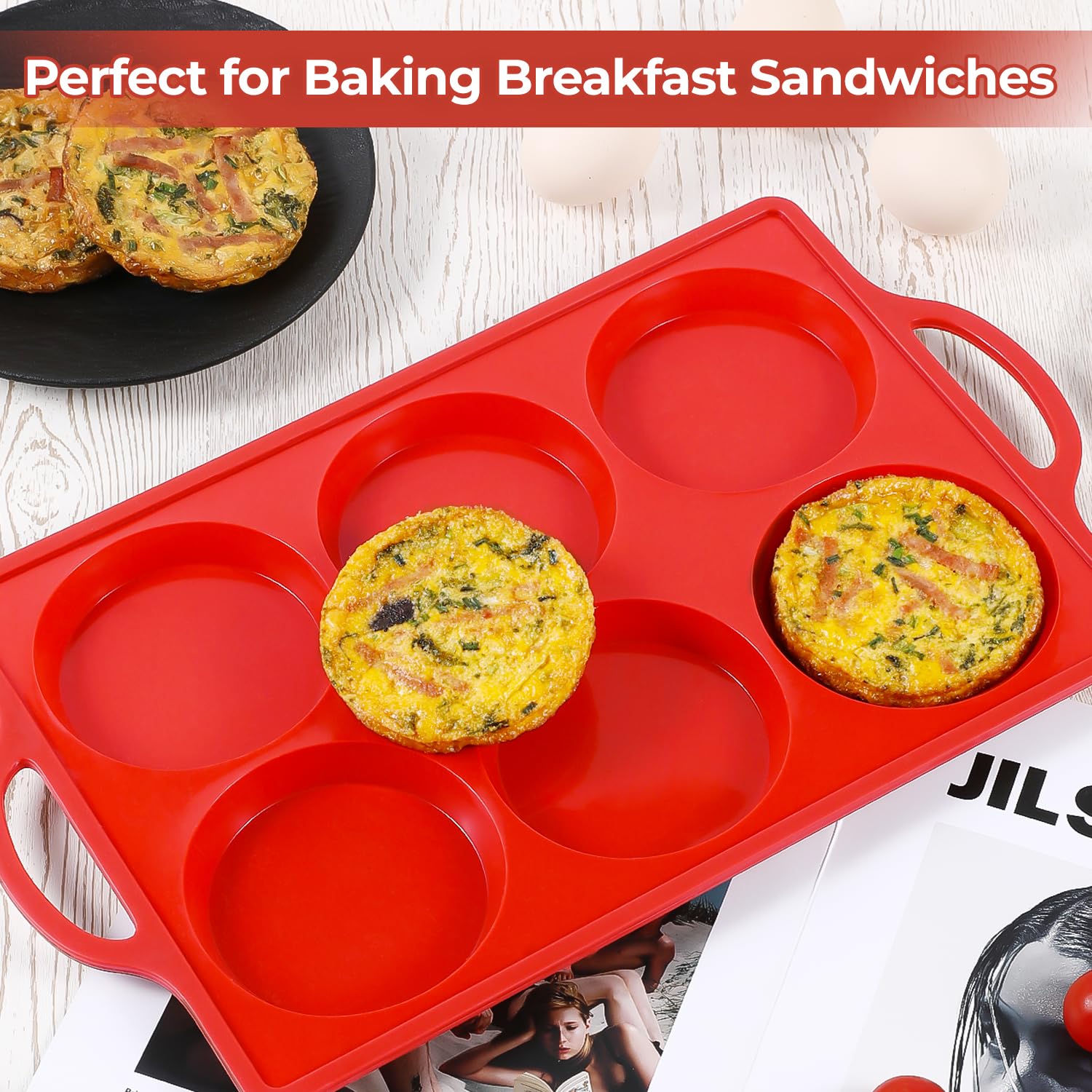 CAKETIME Muffin-Backform, antihaftbeschichtet, 10,2 cm, Metallrahmen, runde Eierbackform für Ofen, englische Muffins, Whoopie Pies, Maisbrot, Eierbisse, Frühstücks-Sandwiches, Torten, 2 Stück, rot