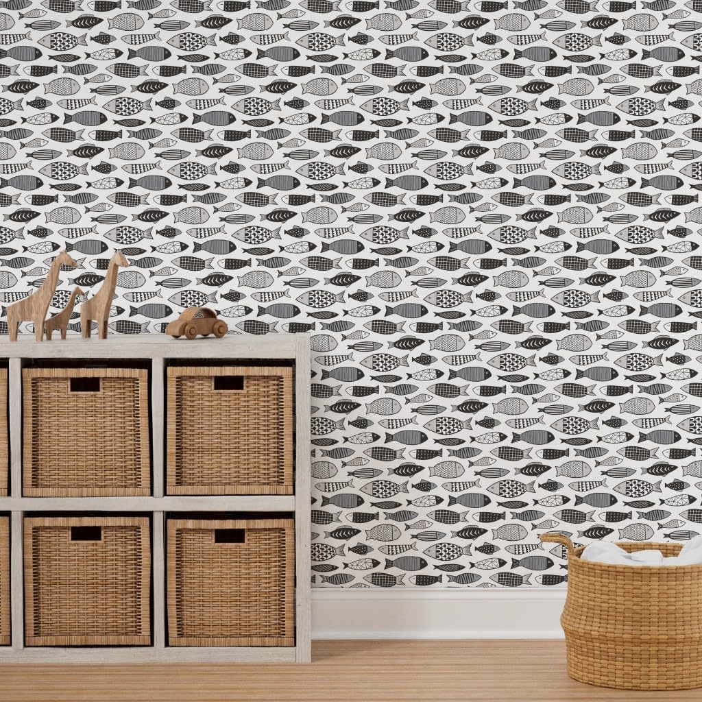 Peel & Stick Wallpaper 3ft x 2ft - Fish Geometric Gray Scandinavian Sea Nautical Black White Custom Removable Wallpaper by Spoonflower