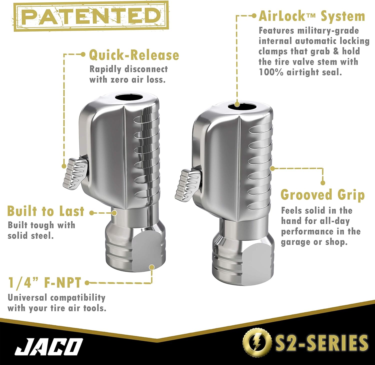 JACO Lightning S2-Series Tire Air Chuck - 1/4" F-NPT | Open Flow (2 Pack) : Automotive