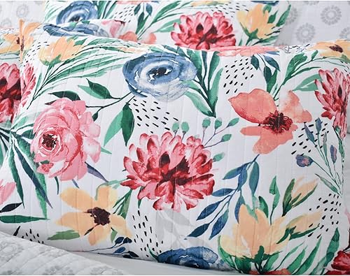 Miniatura 10 de Juego de edredón individual de 2 piezas, colcha reversible acolchada 100% algodón con fundas, hermoso patrón floral para todas las estaciones (azul)