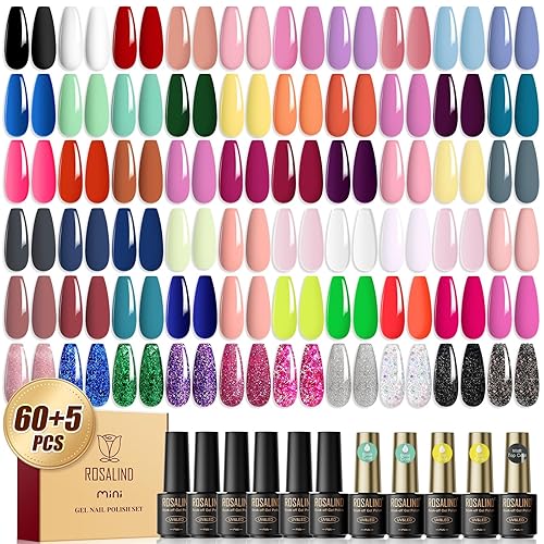 ROSALIND Juego de 65 esmaltes de uñas de gel, juego de uñas de gel de 60 colores con capa base superior brillante y mate, colección de regalos para