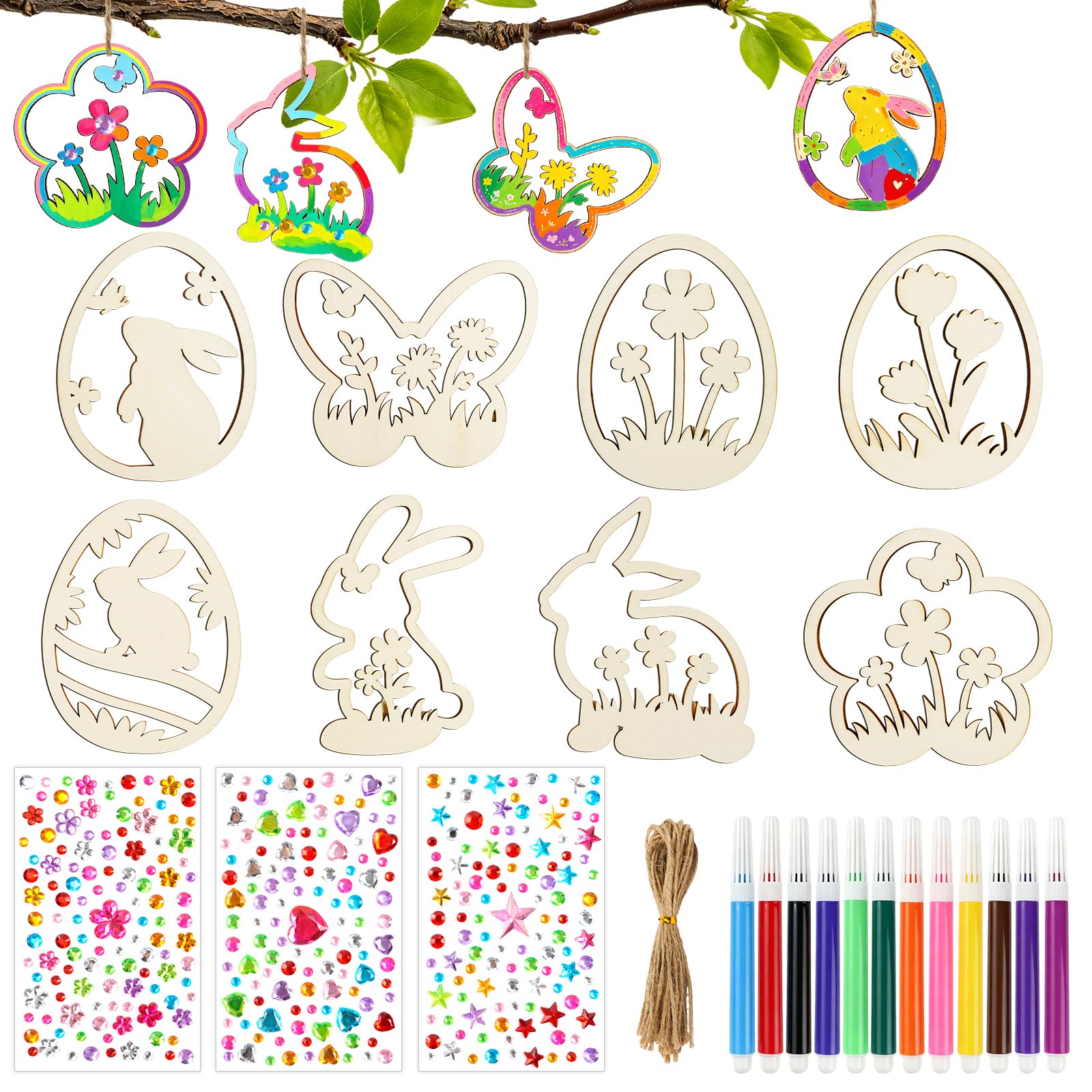 Ainiv DIY Wooden Crafts Set, 24 PCS Butterfly Flower Rabbit Wood Ornaments