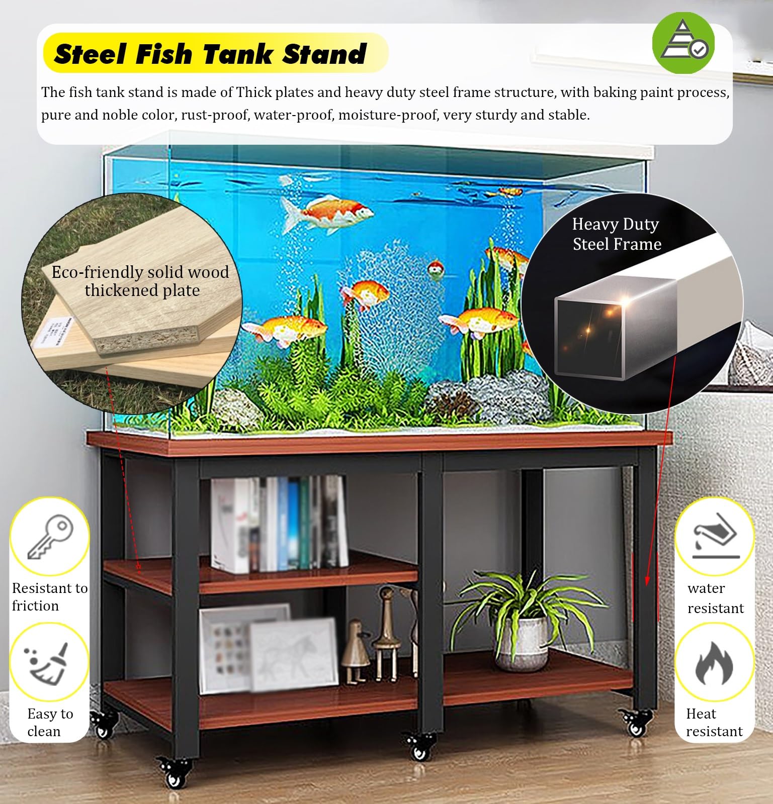 Mobiletto portaoggetti per Acquario Resistente con Ruote girevoli e Pannello in Legno, scaffale antiruggine per acquari, Perfetto per allevatori di Tartarughe e acquariofili