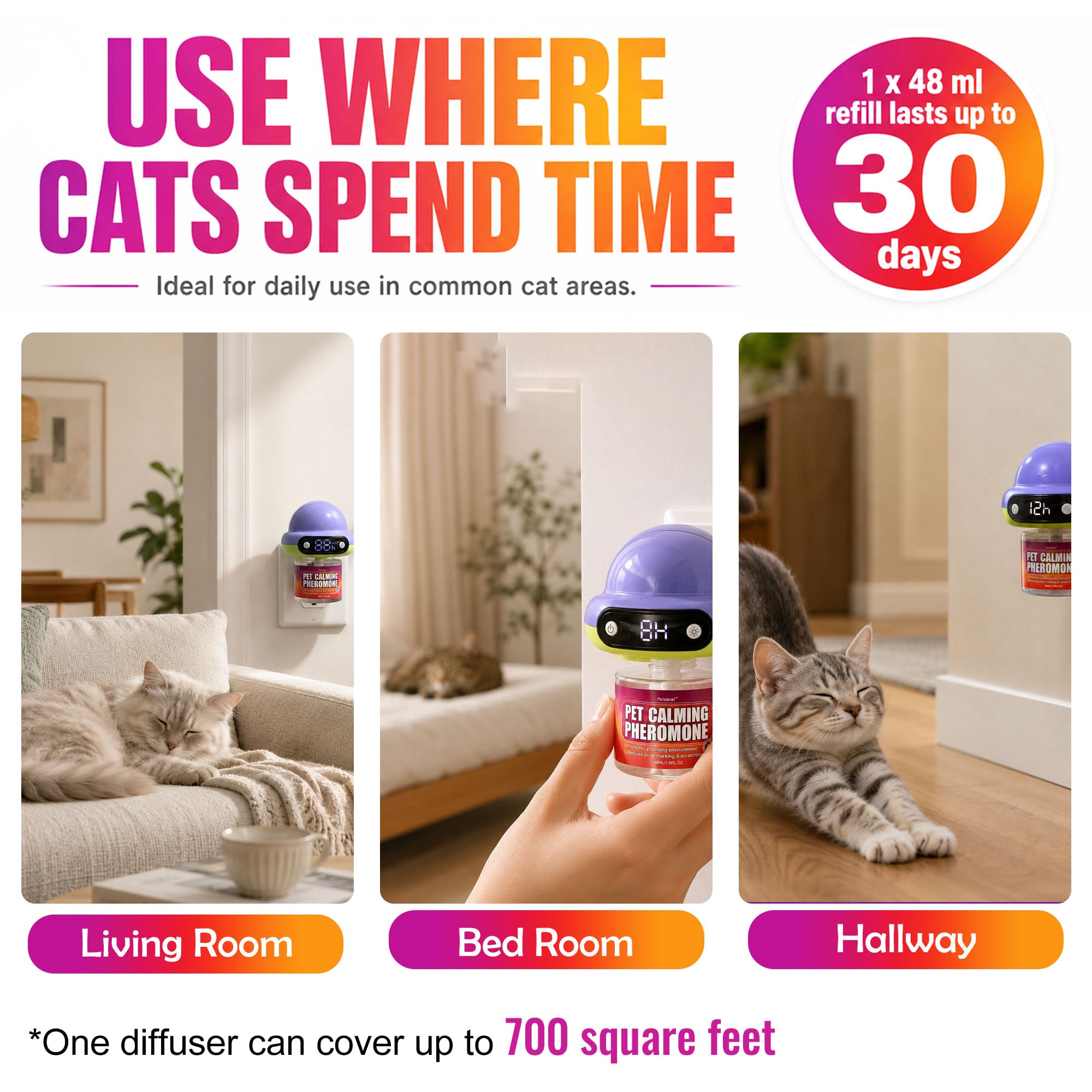 Petstoral Diffuseur de phéromones pour chat avec minuterie, programme intelligent de 4/8/12/24 heures, aide à réduire l'anxiété, la pulvérisation d'urine, les rayures et l'agression pour les maisons