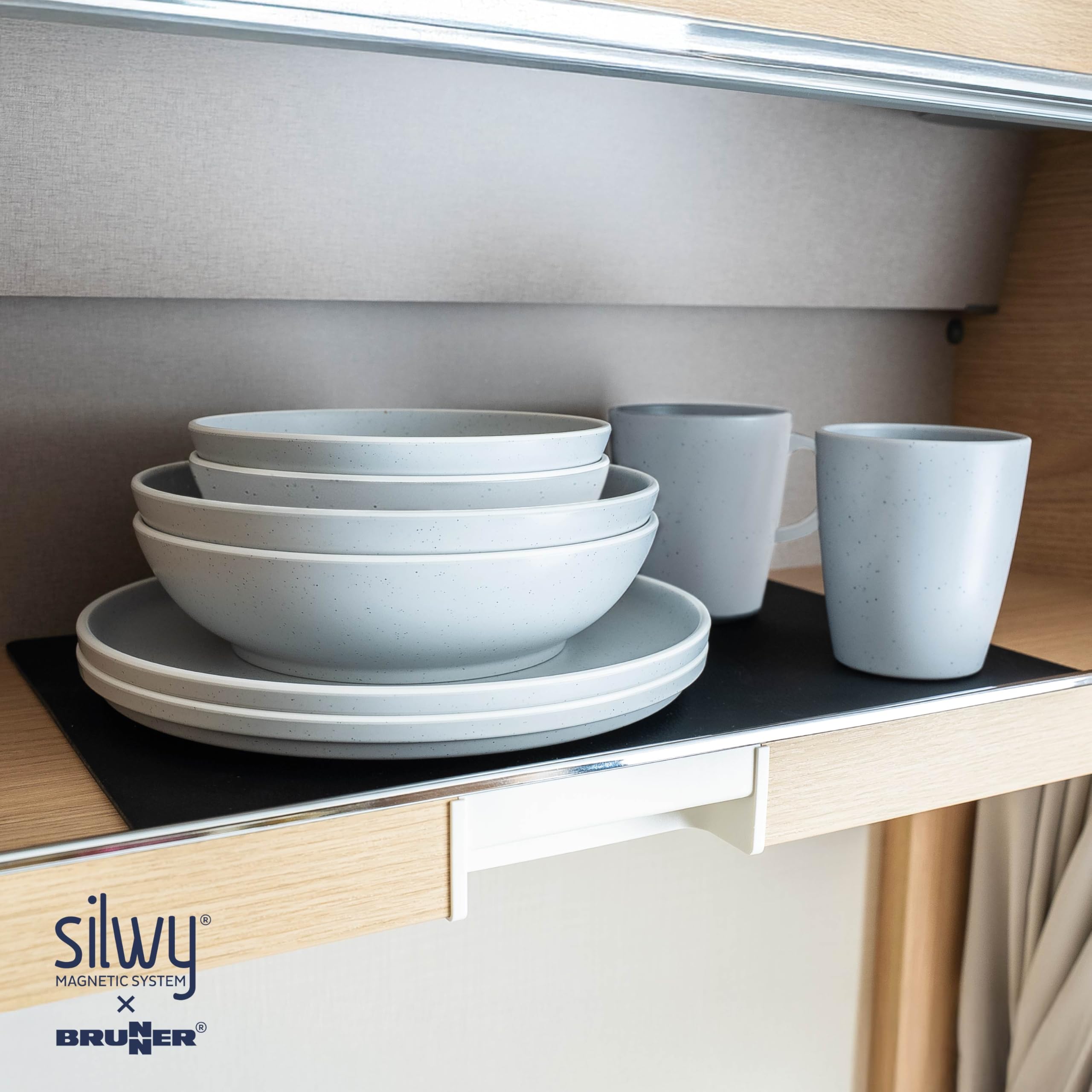 Silwy® Juego de vajilla magnética Dolomit White – 11 piezas de vajilla de plástico con diseño Stonetouch | para autocaravana, camping y barco, sin traqueteo e irrompible, incluye almohadilla y