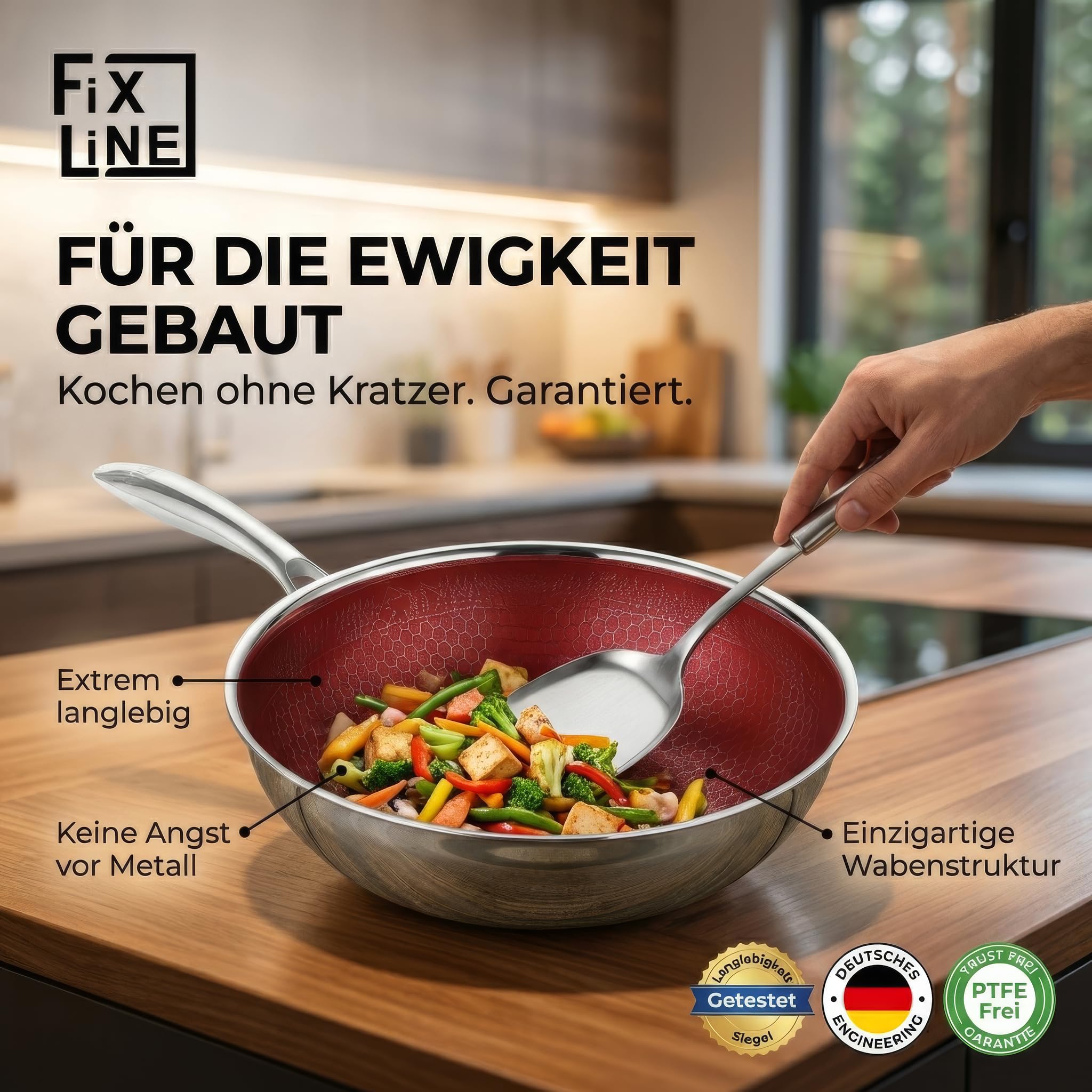 FIXLINE® BLACK FOREST Wokpfanne 28cm - kratzfeste Beschichtung ohne PTFE - alle Herdarten inkl. Induktion - Backofengeeignet bis 230°C - Einfache Reinigung - Perfekte Geschenkidee