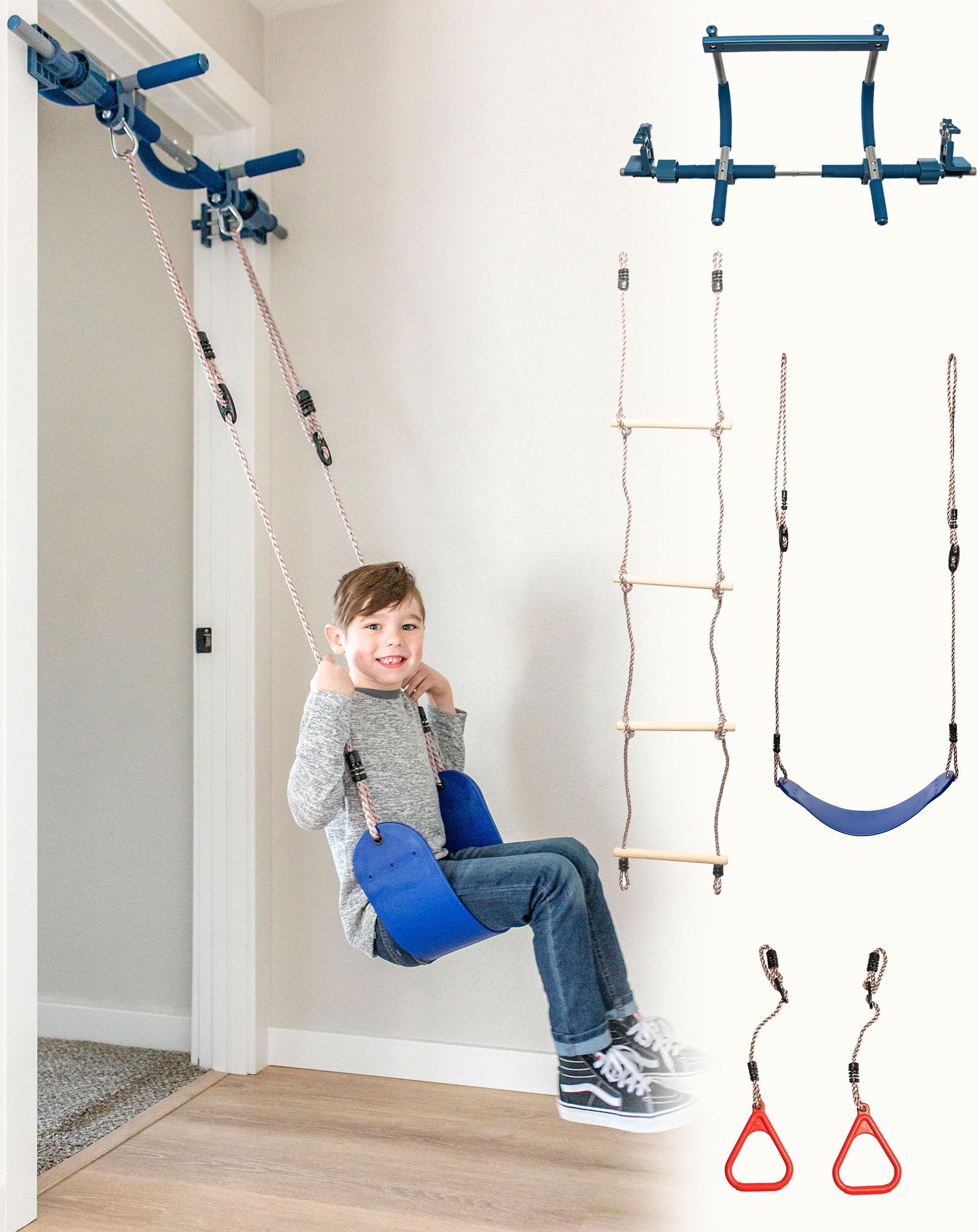 Gym1 Indoor Doorway Gym Set - Sensory Swing & Grip Rings - Adjustable Door Frame Pull Up Bar for Kids & Adults - Door Frame Jungle Gym with Agility Ladder - 4 Pieces, Blue