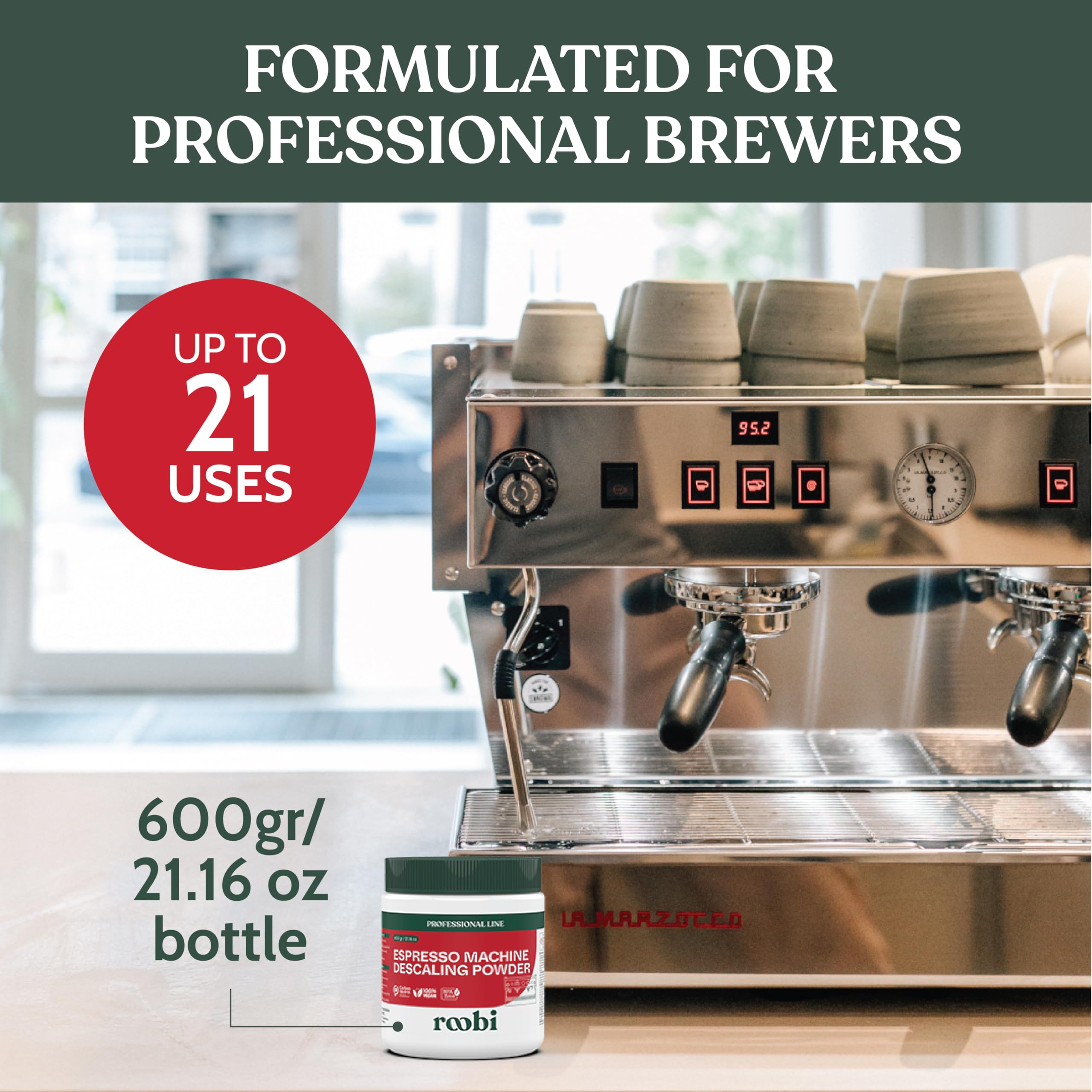 Roobi Polvo descalcificador profesional para máquina de espresso. Polvo descalcificador de espresso neutro en carbono, hasta 21 aplicaciones, 600 gr.