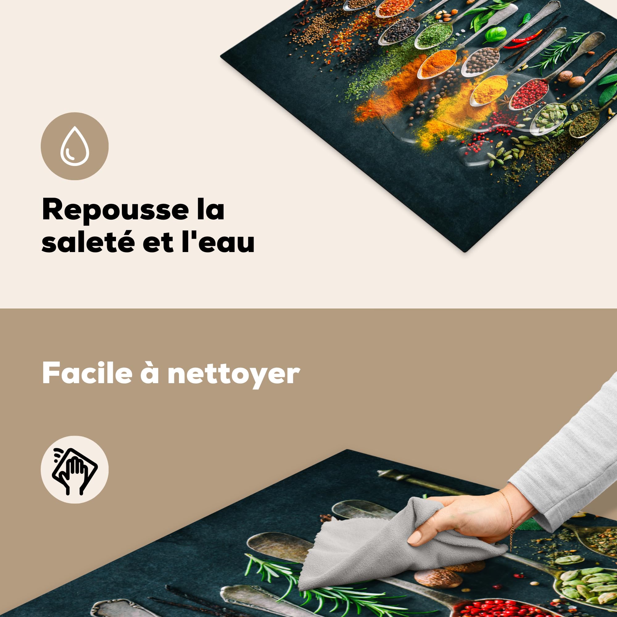 KitchenYeah© Protege Couvre Plaque De Cuisson Décoration Cuisine Tapis Protection Protecteur Induction 59x52 cm Herbes - Epices - Cuillères