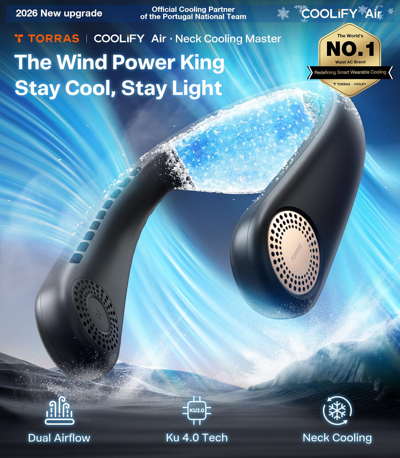 TORRAS COOLiFY Air 2025 - Ventilador de cuello con aire acondicionado mejorado, refrigeración Pro de doble flujo de aire, ventilador portátil ultraligero recargable, ventilador de refrigeración