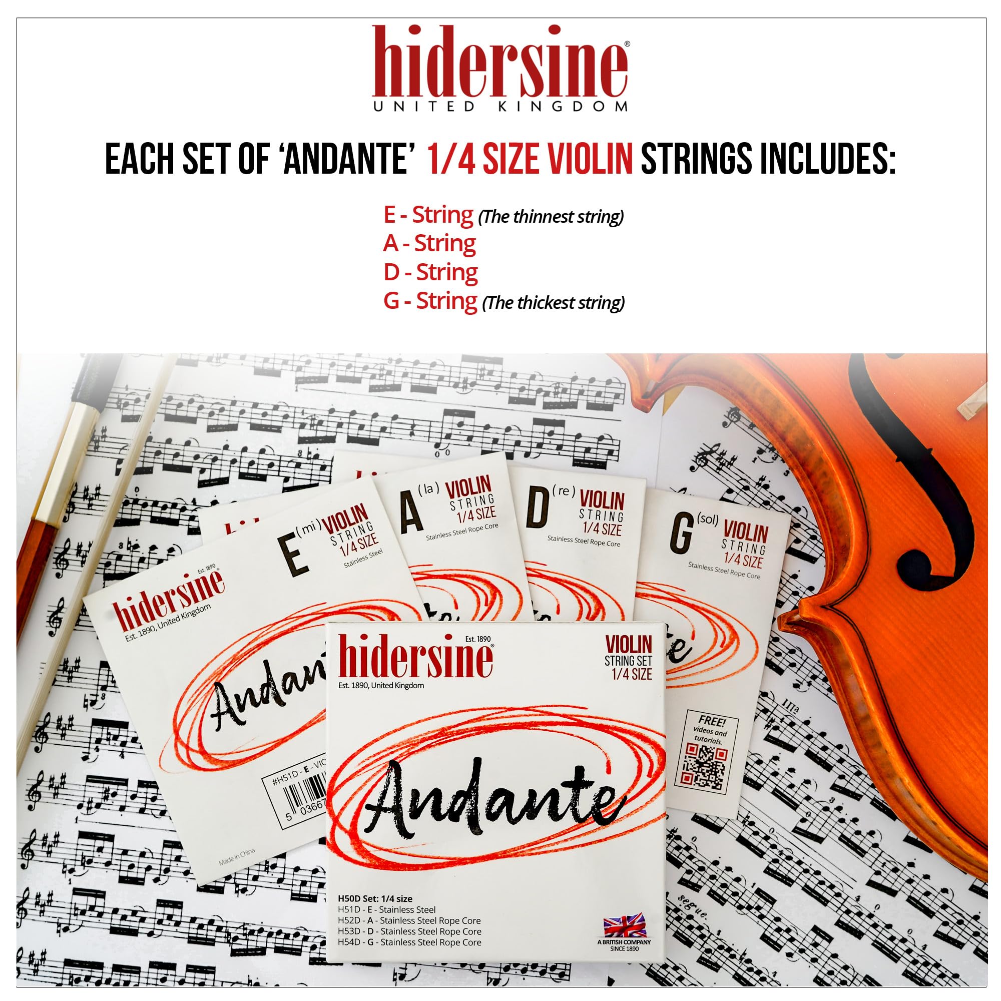 Hidersine Andante Violin Strings SET for 1/4 size., Steel Rope Core for easy playing feel., Great tone and Great Value - Image 2