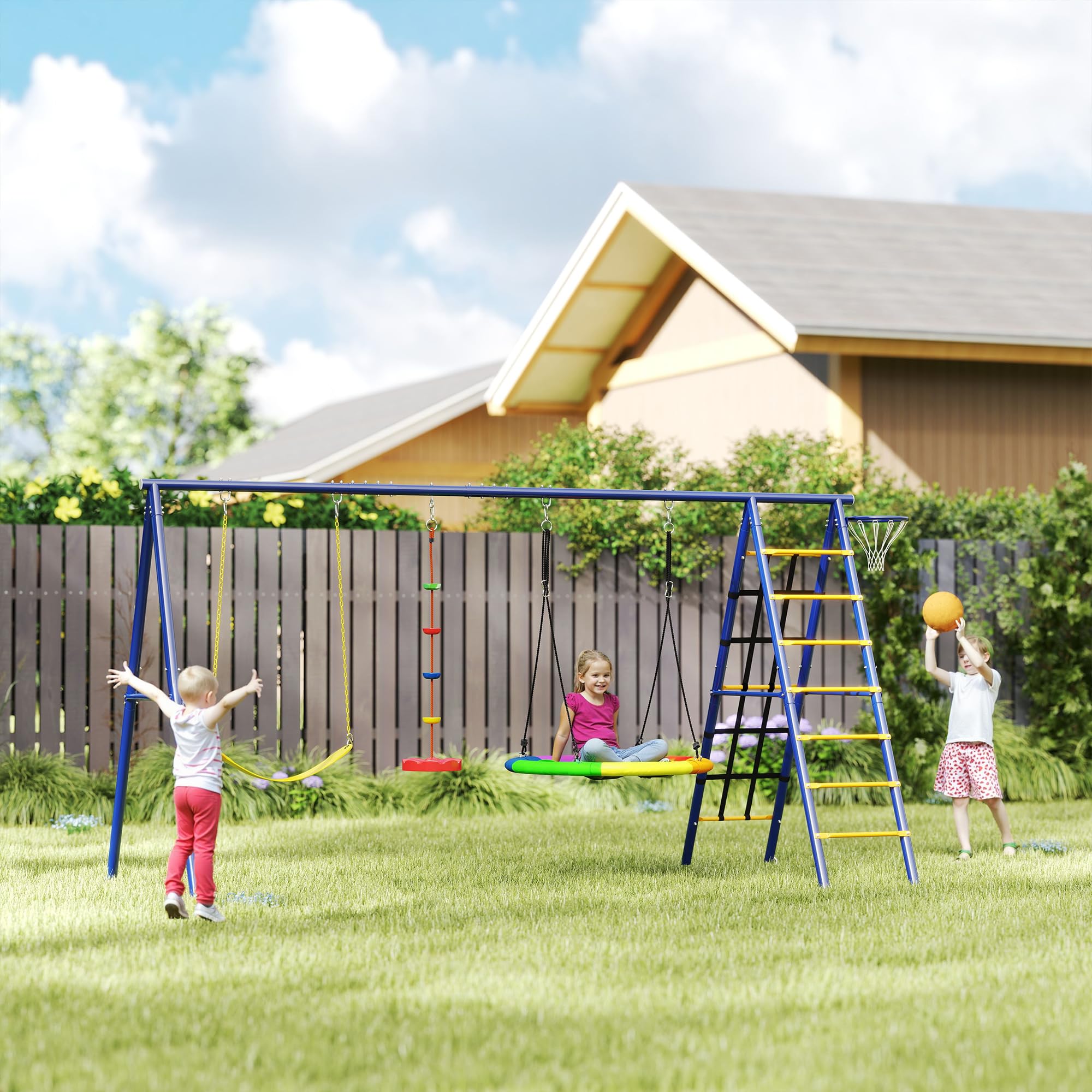 AIYAPLAY 6 in 1 Set Altalene da Giardino per Bambini 3-8 Anni con 3 Altalene, Gioco da Arrampicata e Canestro da Basket, Set da Gioco, Altalena per Bimbi per Parco, Esterno, Multicolore