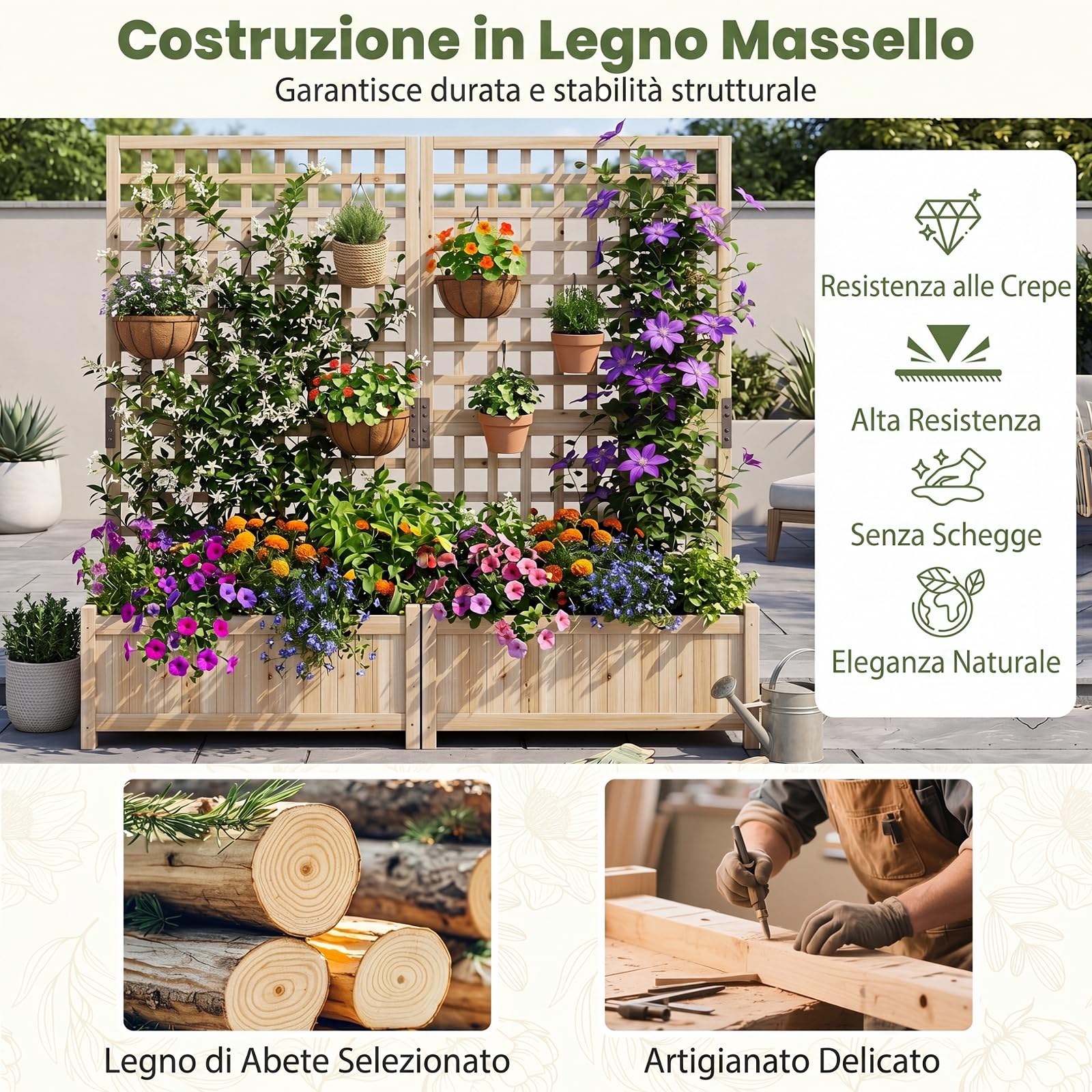 COSTWAY 2 in 1 Fioriera con Traliccio, Letto Orto Rialzato in Legno con Grigliato per Piante Rampicanti, Pannello Rimovibile e Fori di Drenaggio, per Fiori e Verdure, 76 x 32 x 143 cm (Naturale)