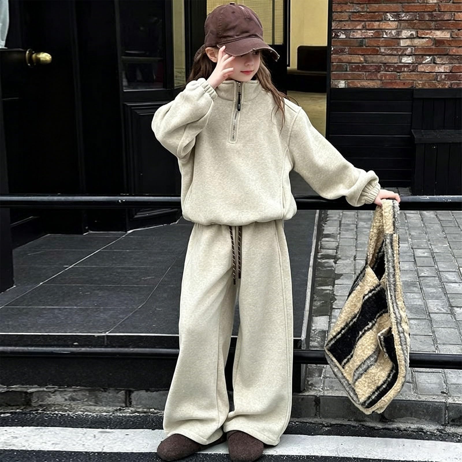 Tuta da ragazza con cappuccio e pantaloni della tuta con mezza zip, beige, 5-6 anni | Felpa con cappuccio e pantaloni sportivi per bambini, set da 2 pezzi, per la scuola, casual, comodo, con cerniera a un quarto