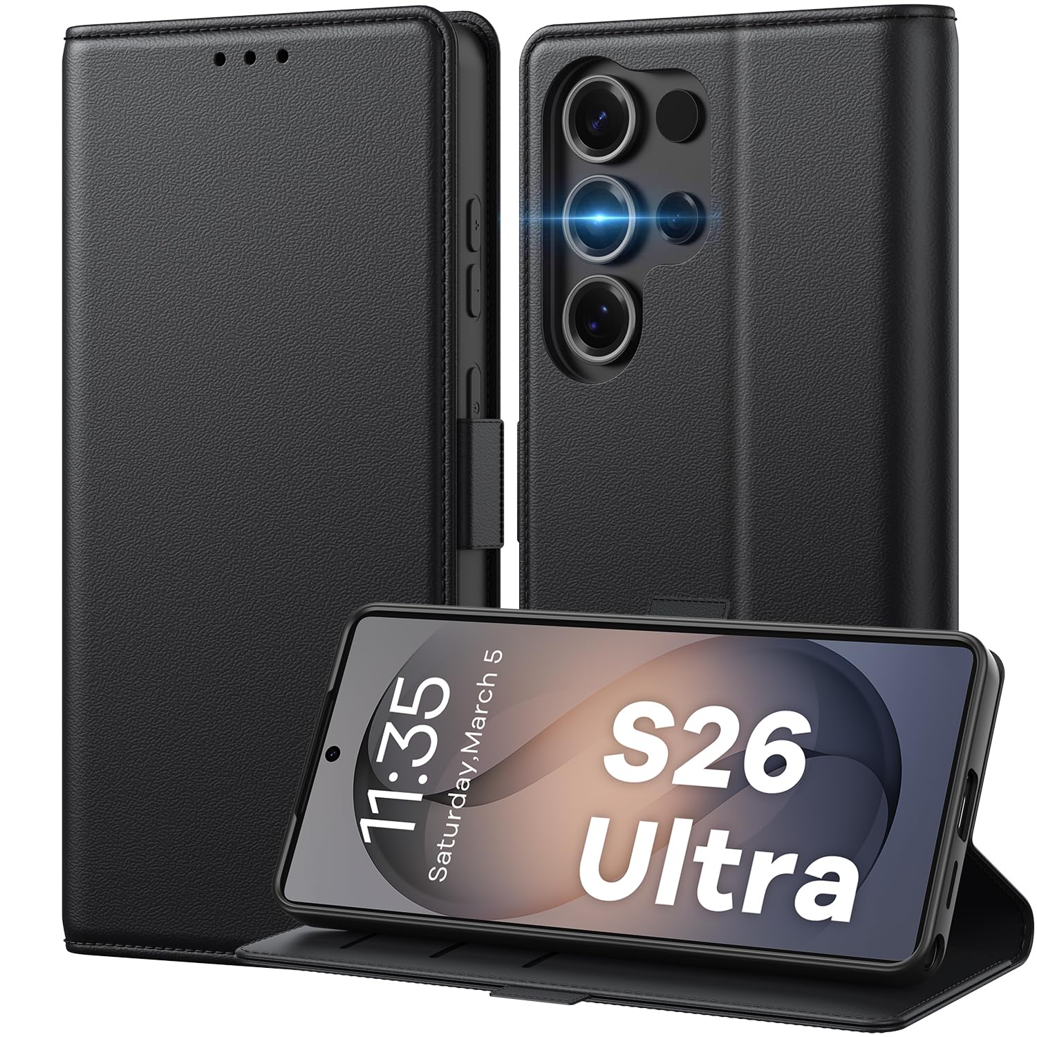 Peakally Handyhülle für Samsung Galaxy S26 Ultra Hülle [3 Kartenfach] [Unterstützt kabelloses Laden] [RFID-Blockierung] Standfunktion PU Leder Klapphülle kompatibel mit Galaxy S26 Ultra, Schwarz
