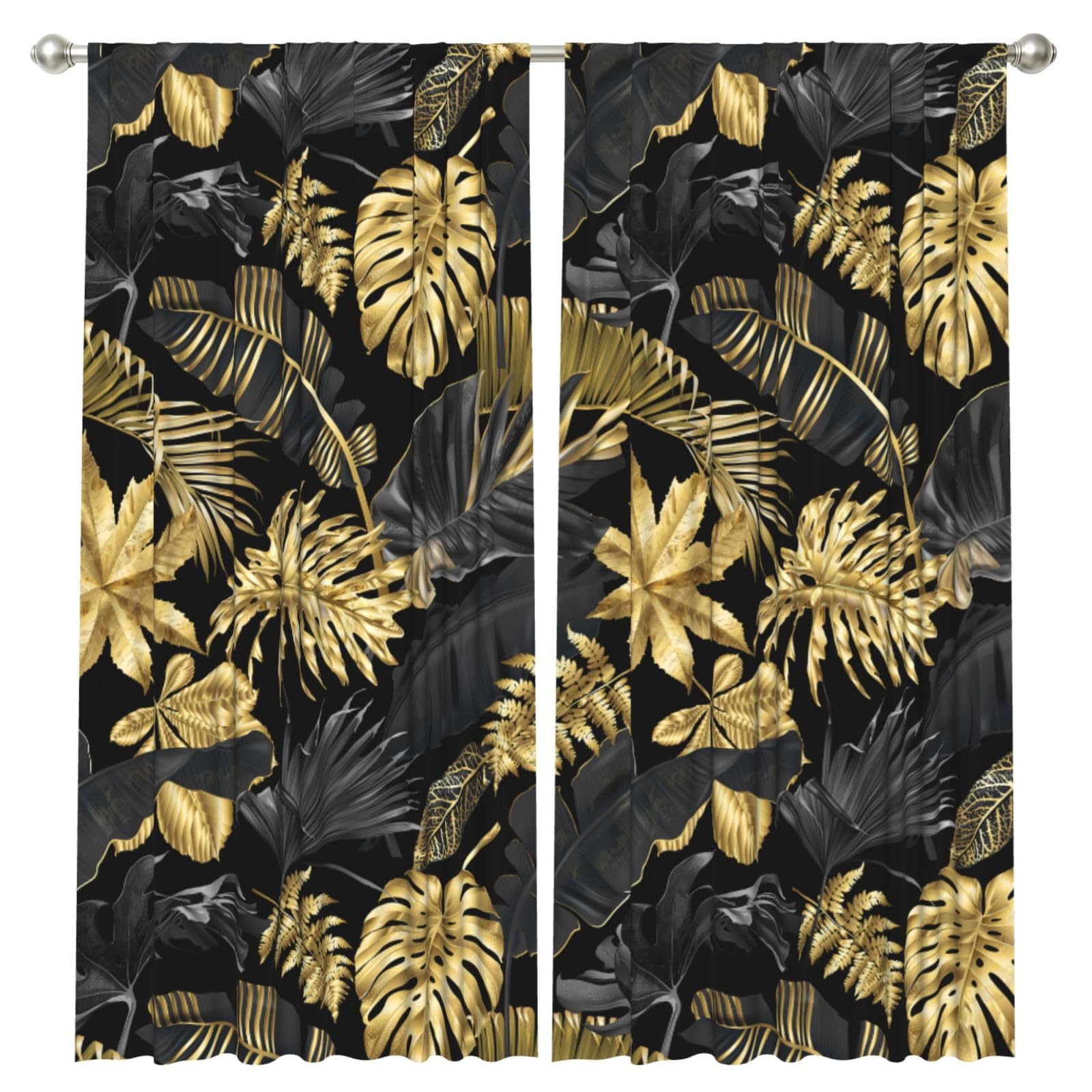 InOmak Gold Black Tropical Leaves, 2 Panels Window Curtains 52 x 84 Inch Blackout Curtains for Living Room Bedroom