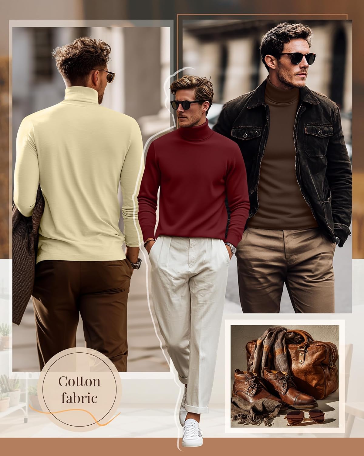 Ficerd 3 Pack Men's Turtleneck Shirts, Long Sleeve Cotton Pullover Sweaters Mock Neck Knitted T-Shirt Basic Slim Fit Tops - Image 3