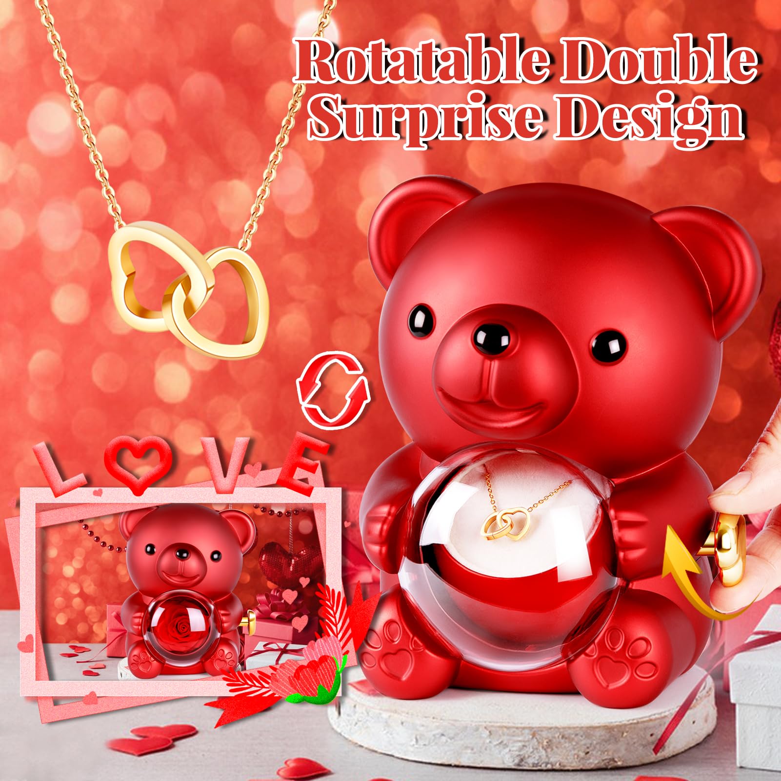 Aloskart Orso di Rosa Eterna con Collana a cuore, Orsetto Rosa Eterna Stabilizzata, Regalo San Valentino per lei, Idee Regalo Donna Compleanno, Regalo Natale per Moglie Mamma Fidanzata, Anniversario
