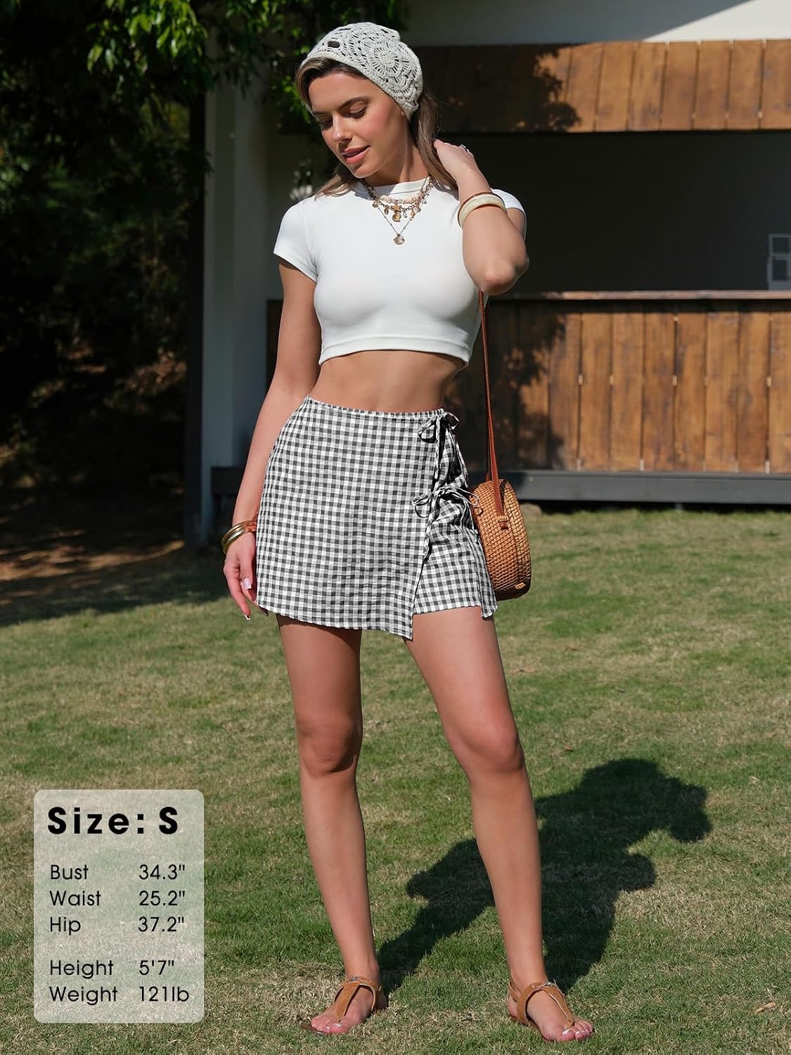 EXLURA Womens High Waisted Gingham Skort A-Line Wrap Mini Skirt with Shorts Side Tie Cotton Plaid Skorts Summer Outfits 2026