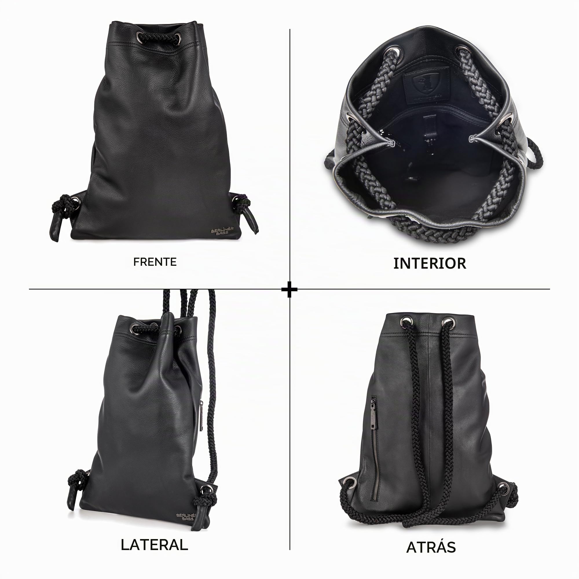 Berliner Bags Mochila de Gimnasio de Piel Auténtica 42x32 cm, Unisex con Cordón Ajustable, Forro de Algodón y Bolsillo Interior con Cremallera, Diseño Elegante - Negro