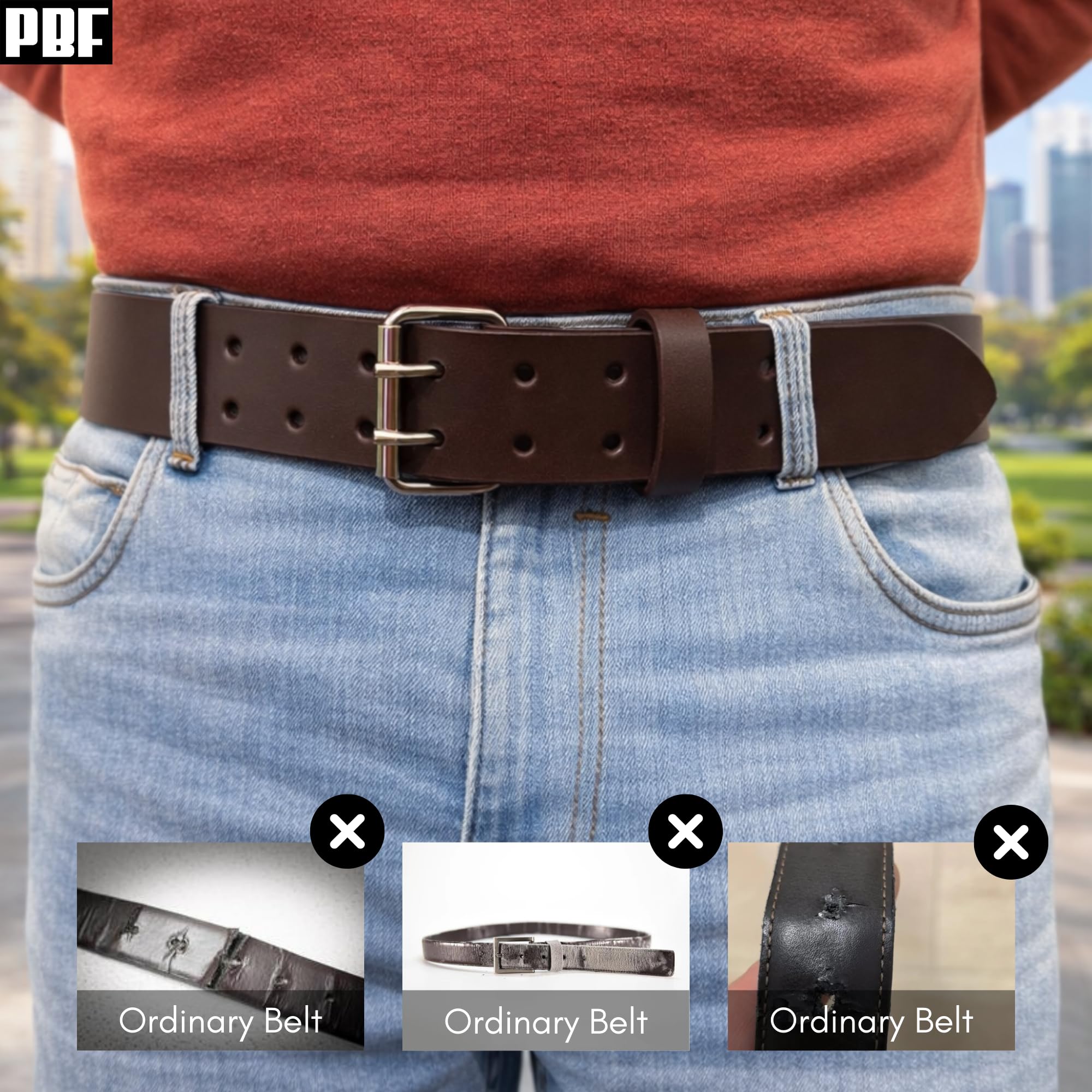 Leather Belts for Men Heavy Duty 1.75 Inch Wide Double Prong Casual Leather Grommet Belt