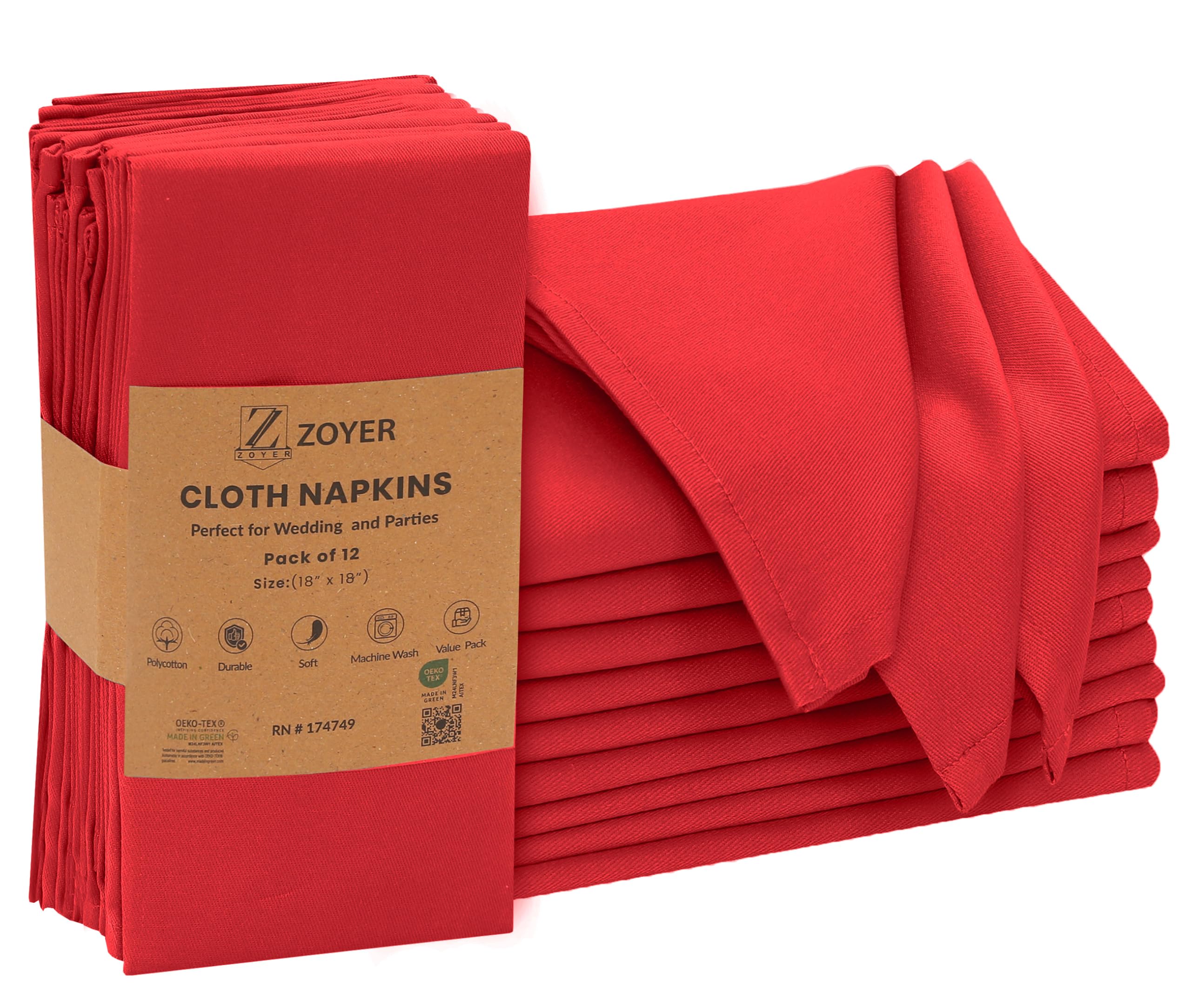 Zoyer Cloth Napkins Set of 12, 18x18 Inches Cotton Enrich Napkins Cloth ‎Washable, Soft & Durable Dinner Napkins for Parties, Wedding, Christmas, ‎