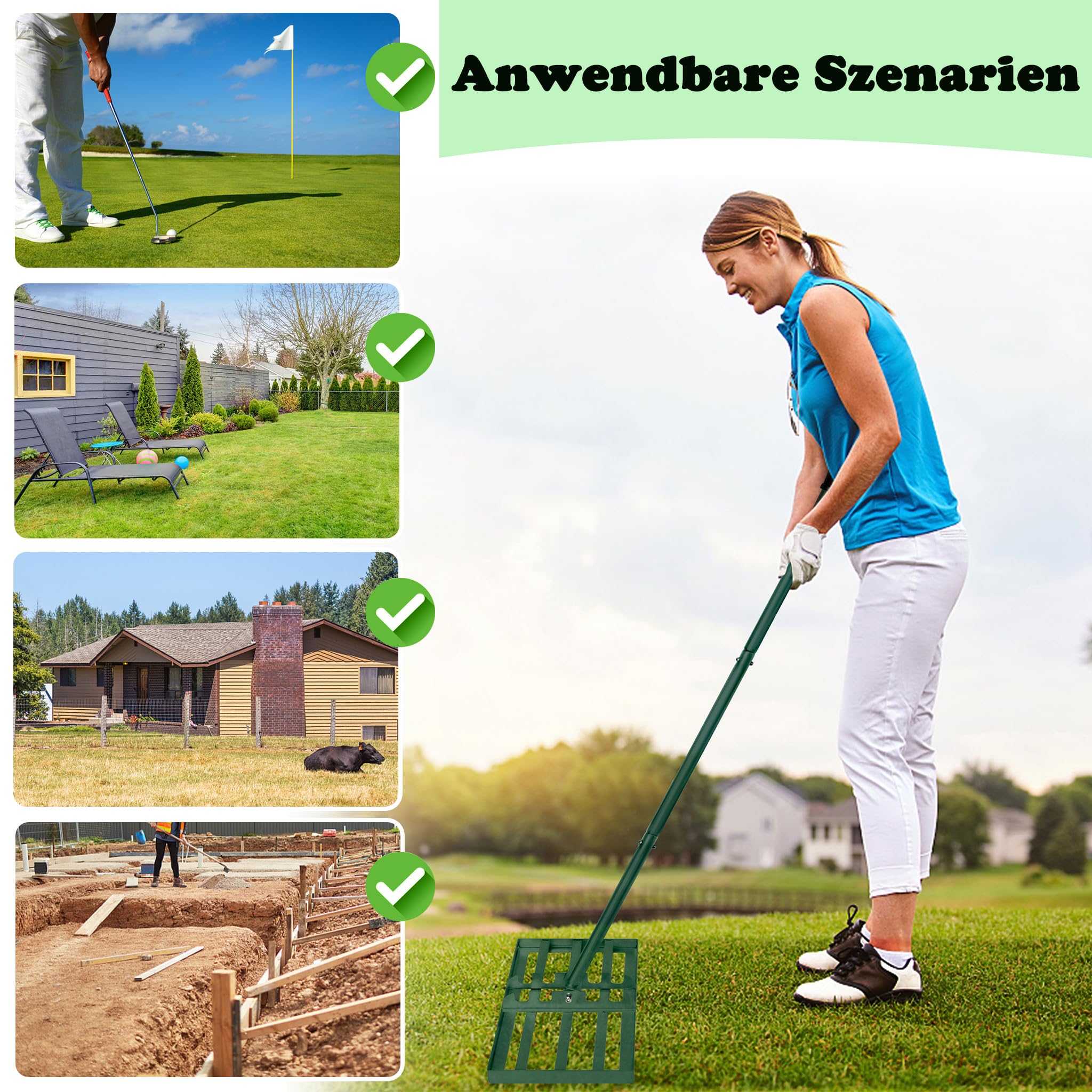 Aufun Raschietto per prato Leveling Rake Golf professionale con lunghezza regolabile manico per campo da golf, giardino, cortile (25 x 75 cm)