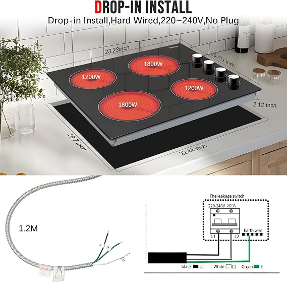 Karinear 24 Inch Electric Cooktop 4 Burners Electric Stove, Knob Control
