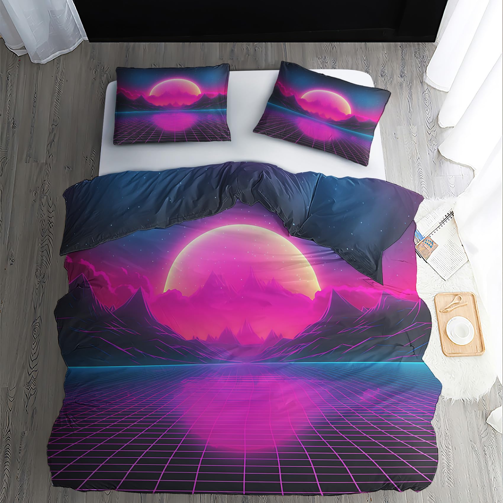 Vaporwave King Size Duvet Cover Sets - Neon Bedding Set - Reversible Quilt Cover & 2 Pillowcases with Zipper and Ties, Ultra Soft and Non Iron Brushed Microfibre Bed Set 230x220 H-8&-214