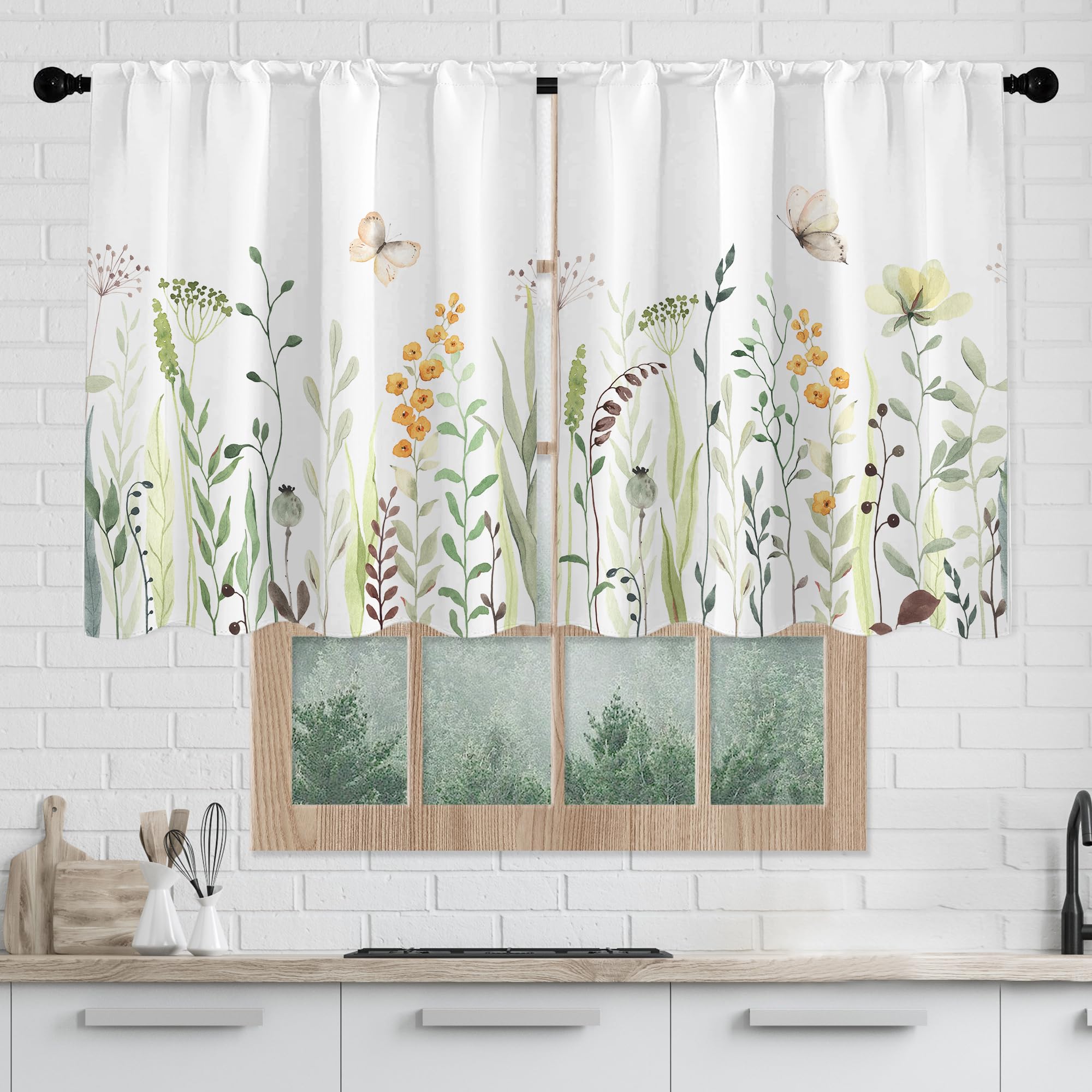 Fereyis Blumen-Vorhänge 3-teilig - Aquarell Blumen Design Für Küche & Bad