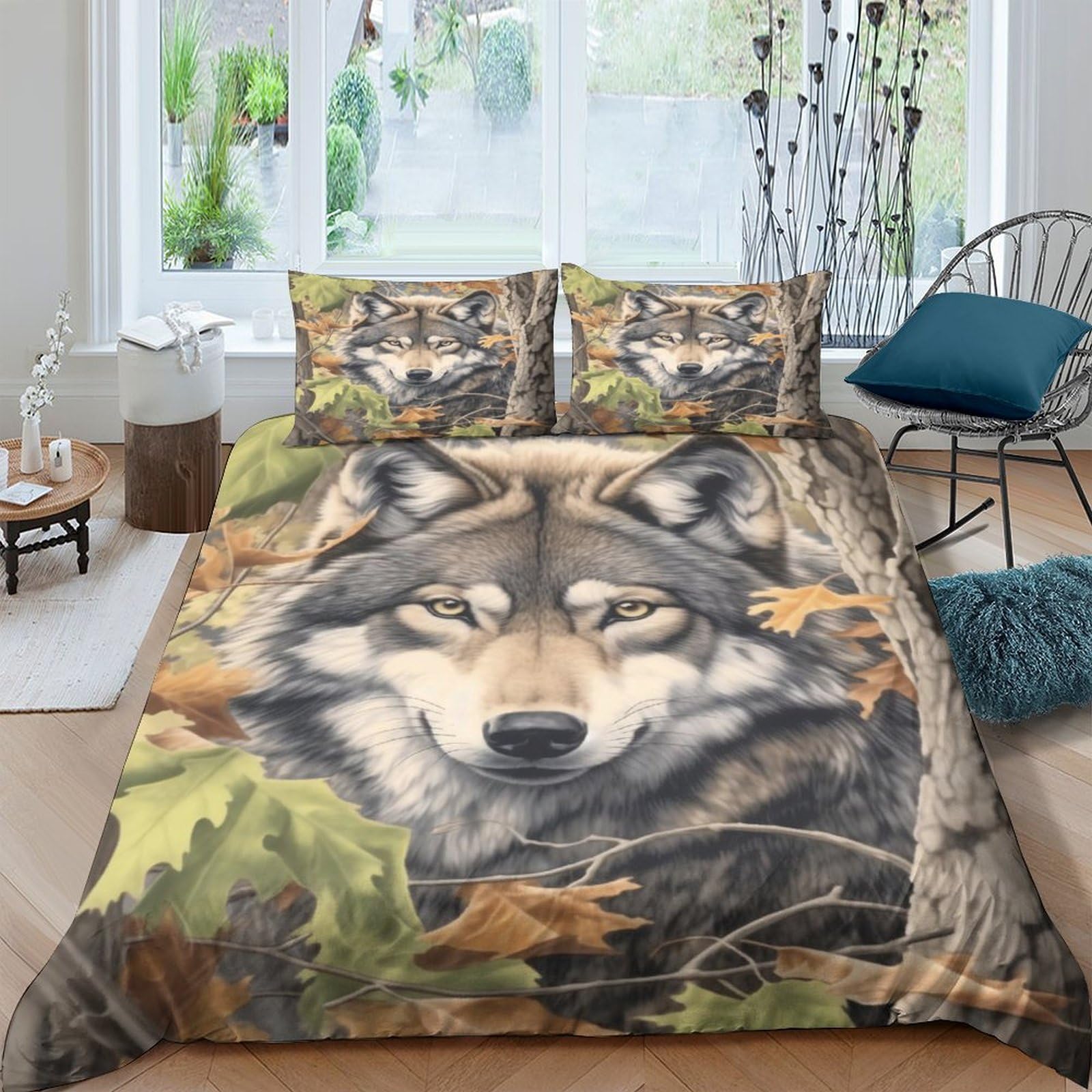 Ctjqhvkz Style-10 3D Printed Wolf Forest Fitted Sheet Microfiber Soft Breathable Autumn Leaves Bed Cover For Bedroom Guestroom Mattress Decor Single（135X200cm）