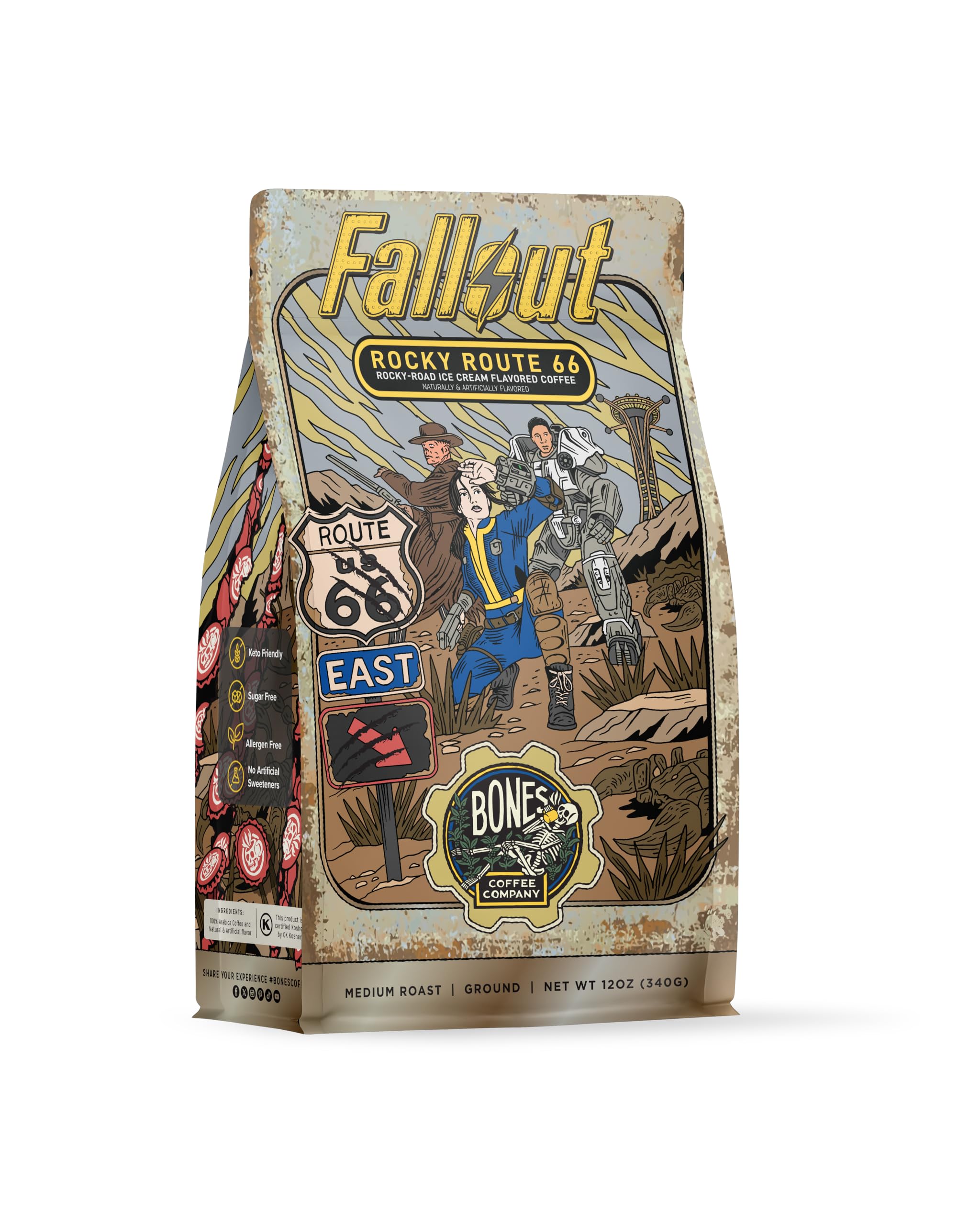 Bones Coffee Company Fallout Rocky Route 66, Rocky Road Flavored Coffee, Medium Roast Low Acid Arabica Beans Compatible with Auto drip and French